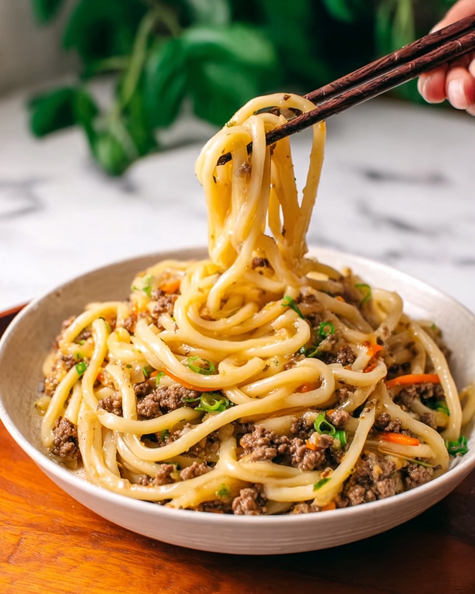 A white round plate filled with thick, pale yellow udon noodles mixed with small pieces of cooked ground beef that are dark brown in color. Scattered throughout the dish are thin slices of light brown mushrooms and thin strips of orange carrots. The top is sprinkled with small, light beige sesame seeds and bright green chopped scallions. The plate is set on a white marbled surface. photo taken with an iphone --ar 4:5 --v 7