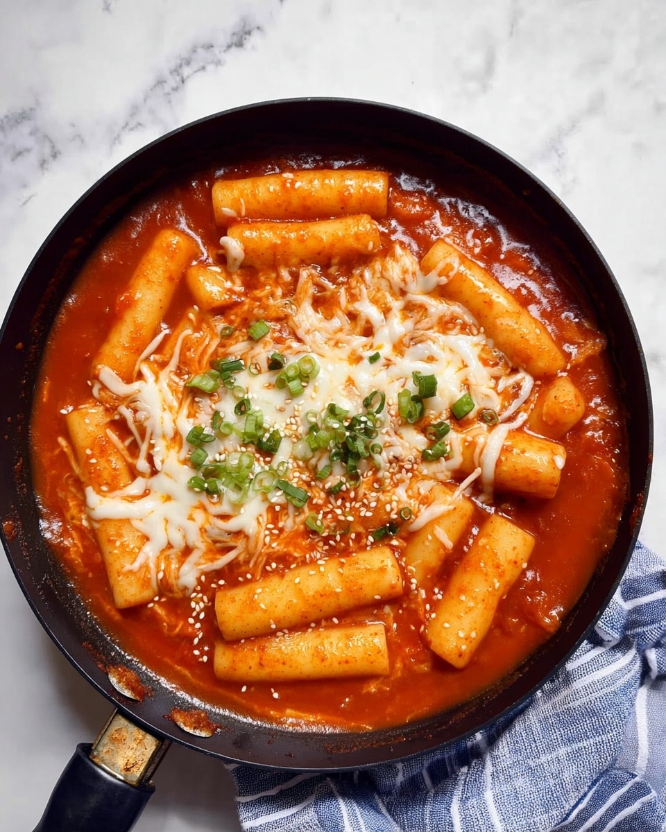 A white pan filled with many short, thick, light orange rice cake tubes covered in bright red sauce with small green pieces scattered throughout, while melted cheese inside the sauce stretches in a long string upward to a fork lifting two rice cakes held by a woman's hand, set on a white marbled surface with a white tiled background and a blue and white striped cloth nearby photo taken with an iphone --ar 4:5 --v 7