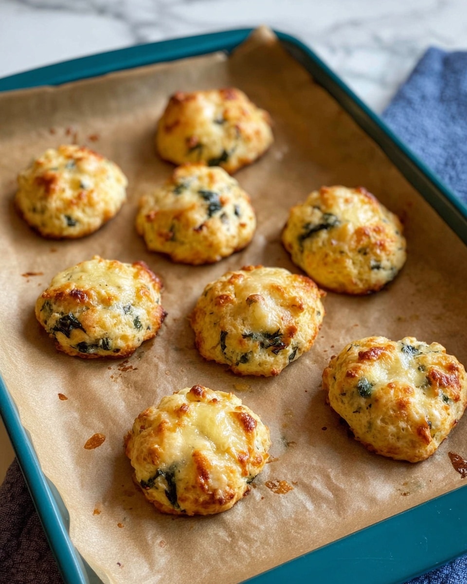The image shows eight small round baked cheese puffs on a baking tray lined with brown parchment paper. Each puff is golden brown on the top with melted cheese spots that look slightly crispy. The cheese puffs have a rough, uneven surface with small dark green or black flecks mixed in, suggesting herbs or spinach. The baking tray is teal-colored, and the background is a white marbled surface with a blue cloth partially visible. The cheese puffs are arranged in two rows with some space between them photo taken with an iphone --ar 4:5 --v 7