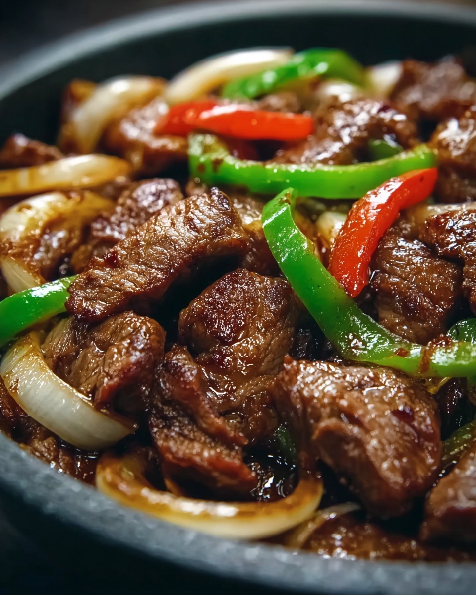 A close-up view of a dish with three layers: the bottom layer shows glossy, dark brown cooked beef slices with a slightly crispy texture, the middle layer features thin strips of red and green bell peppers that are shiny and soft, and the top layer has translucent, cooked white onion slices with light browning at the edges, all mixed together in a black pan on a white marbled surface. photo taken with an iphone --ar 4:5 --v 7