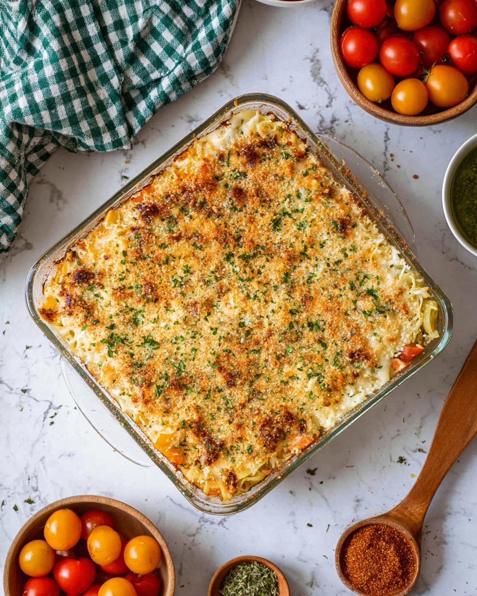 The image shows a clear square glass baking dish filled with a three-layer baked casserole. The bottom layer is a mix of white and orange pieces, possibly cooked vegetables or pasta. The middle layer is creamy and white, likely a sauce or cheese mix. The top layer is golden brown and crispy, with a texture of melted cheese and small green herb pieces sprinkled over it. The dish sits on a white marbled surface with a green and white checkered cloth partially visible in the corner. Surrounding the dish are small bowls, one filled with red, orange, and brown small tomatoes, another with a green sauce, and a wooden spoon holding reddish-brown spices. Photo taken with an iphone --ar 4:5 --v 7