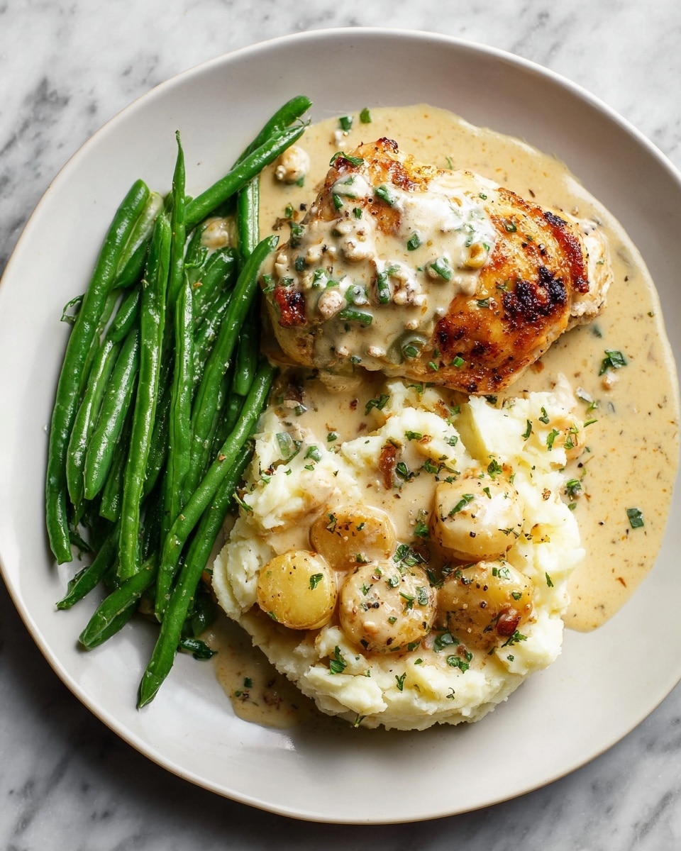 A white plate holds three main parts: on the top, a golden-brown cooked chicken piece covered in a creamy light-colored sauce with small green herb bits; on the right, a pile of creamy mashed potatoes mixed with whole roasted garlic cloves and sprinkled with green herbs and black pepper; on the bottom left, a bunch of bright green cooked green beans drizzled with the same creamy sauce. All is set on a white marbled surface. Photo taken with an iphone --ar 4:5 --v 7