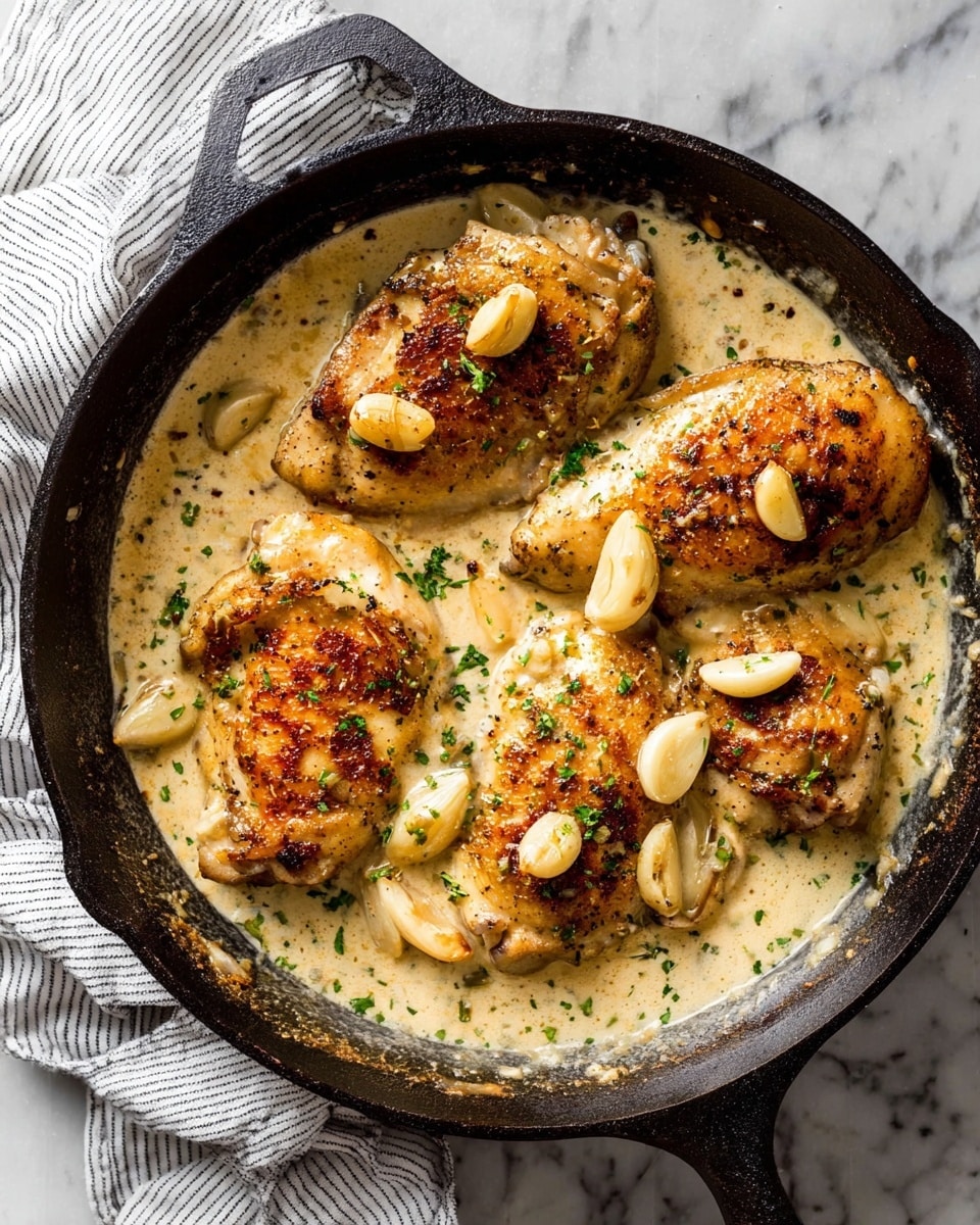 Four golden brown chicken pieces are shown lying close together in a black skillet filled with thick, creamy light beige sauce. The chicken skin has a crispy texture with some charred spots, and whole peeled garlic cloves are scattered among the chicken. Small green parsley flakes are sprinkled on top, adding a fresh color contrast to the rich sauce. The creamy sauce has a smooth texture and lightly coats the chicken pieces. Photo taken with an iphone --ar 4:5 --v 7