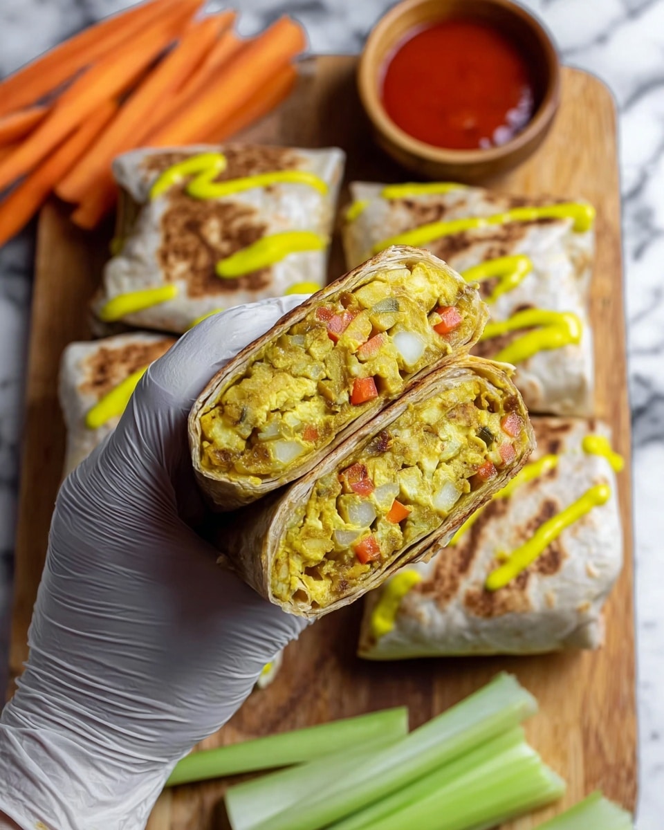 A woman's hand wearing a white glove holds a square, thick wrap toasted to a golden brown with a slightly crispy texture on the outside. The wrap is filled with three visible layers of mostly yellow and light brown ingredients mixed with small pieces of red and orange vegetables, topped with a drizzle of bright yellow sauce. In the background, several similar toasted wraps lie flat on a wooden board around a small wooden bowl filled with red sauce, and fresh carrot and celery sticks are arranged nearby, all on a white marbled surface. Photo taken with an iphone --ar 4:5 --v 7