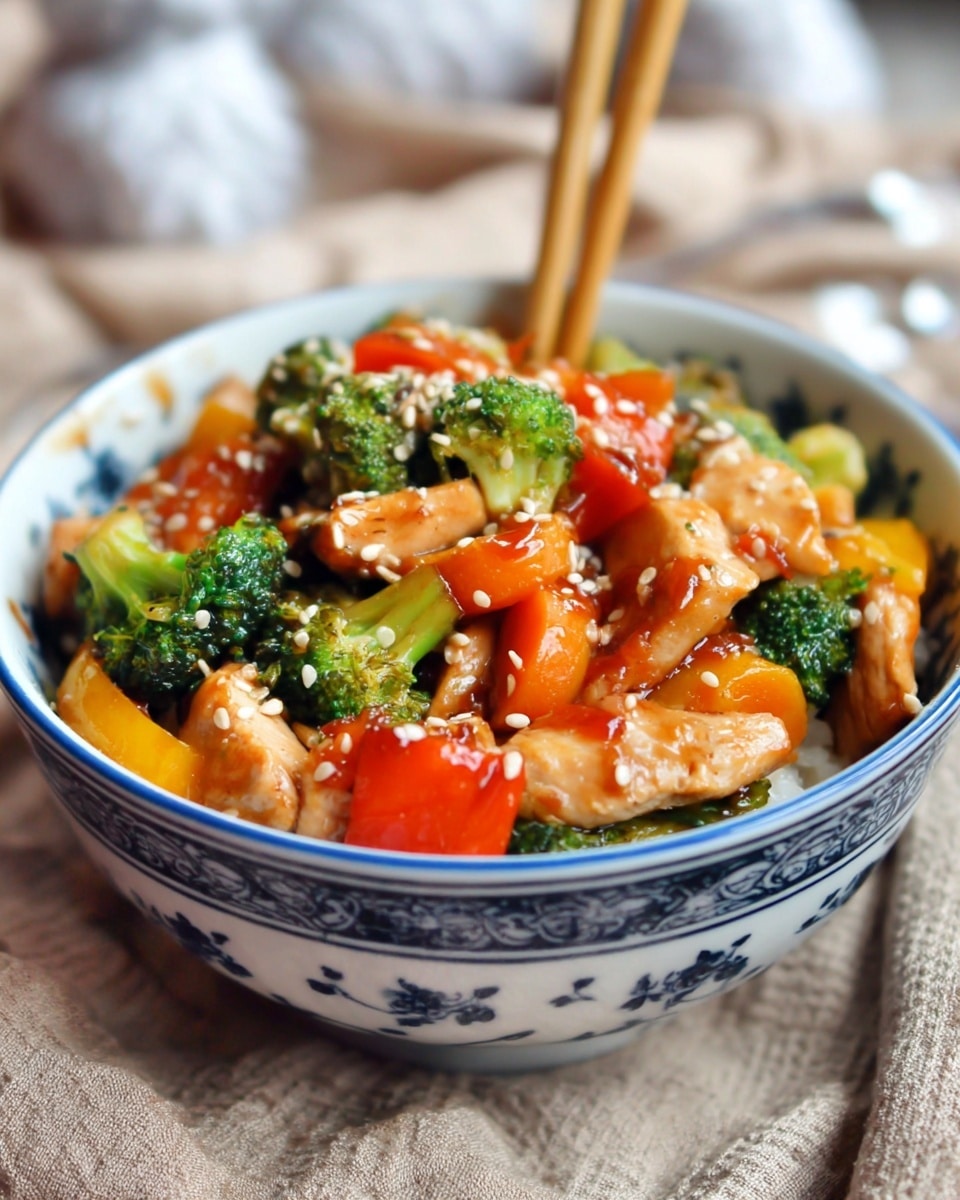 A white bowl with blue patterns holds a colorful stir-fry with three main layers: at the bottom, there are pieces of light brown cooked chicken, in the middle, bright green broccoli florets and chunks of yellow and red bell peppers, and on top, round orange carrot slices, all mixed together and sprinkled with small white sesame seeds. Two light wooden chopsticks are placed inside the bowl, pointing upward, and the bowl sits on a piece of textured light brown fabric with a white marbled surface background. photo taken with an iphone --ar 4:5 --v 7