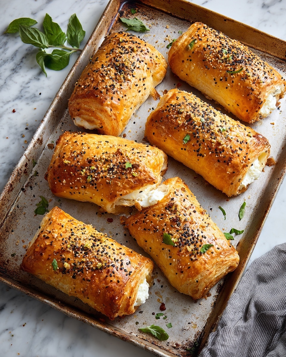 The image shows six golden brown pastry rolls on a slightly worn baking tray. Each roll has a shiny, flaky crust with a textured top sprinkled with black and white seeds and small green herb bits. The rolls are filled with a white, creamy mixture peeking out from the ends, giving a soft contrast to the crispy pastry. The baking tray is placed on a white marbled surface, with a few green herb leaves beside it and a grey cloth napkin on the right side. photo taken with an iphone --ar 4:5 --v 7