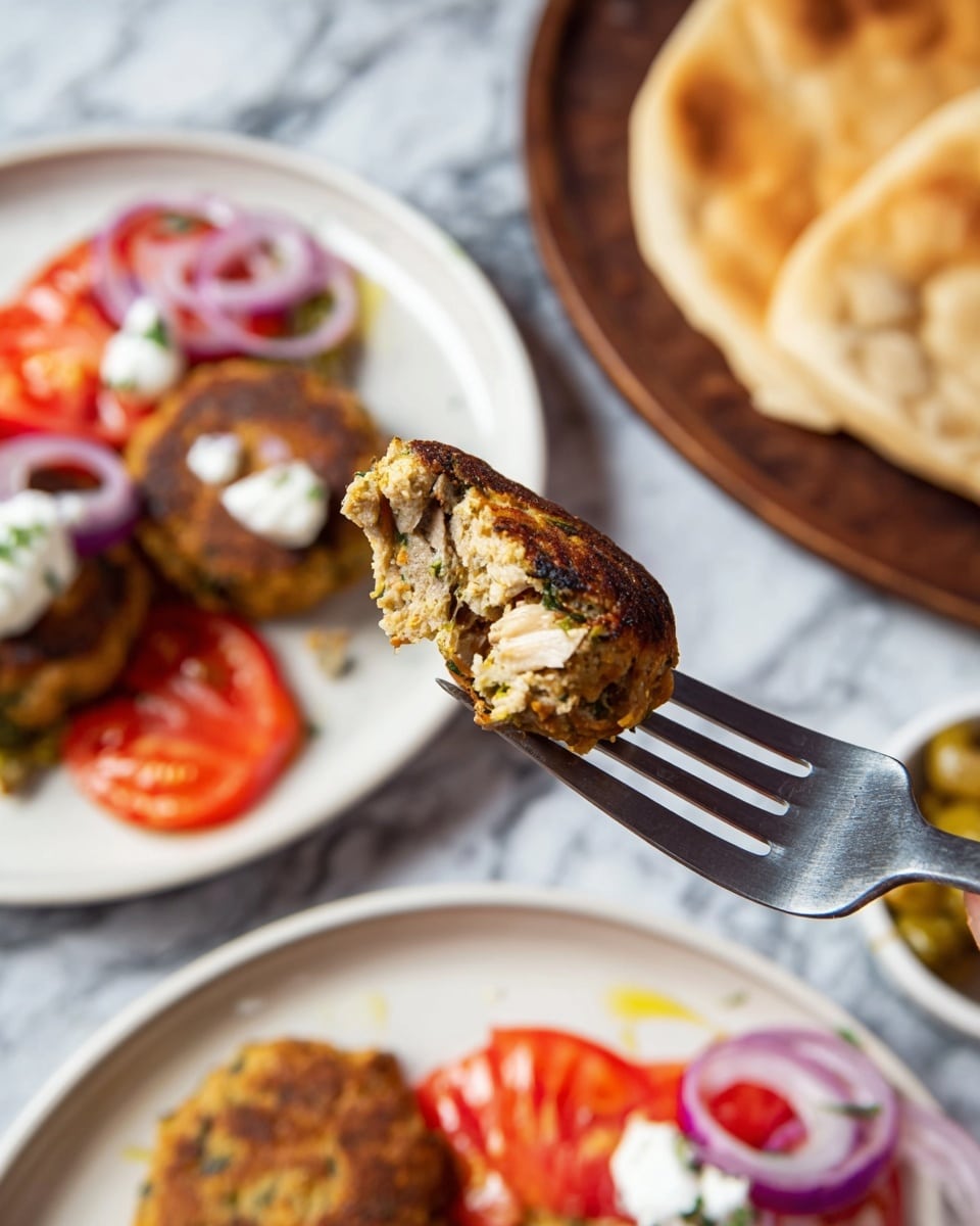 A close-up of a small round, brown patty held by a fork with a textured, light beige interior showing herbs and bits of other ingredients, with two dark brown wooden tables holding white plates in the background. The plates contain more golden-brown patties topped with small white dollops of sauce and wedges of red tomatoes with curled slices of purple onion, along with round, browned pieces of flatbread. The surface beneath the plates has a white marbled texture. photo taken with an iphone --ar 4:5 --v 7