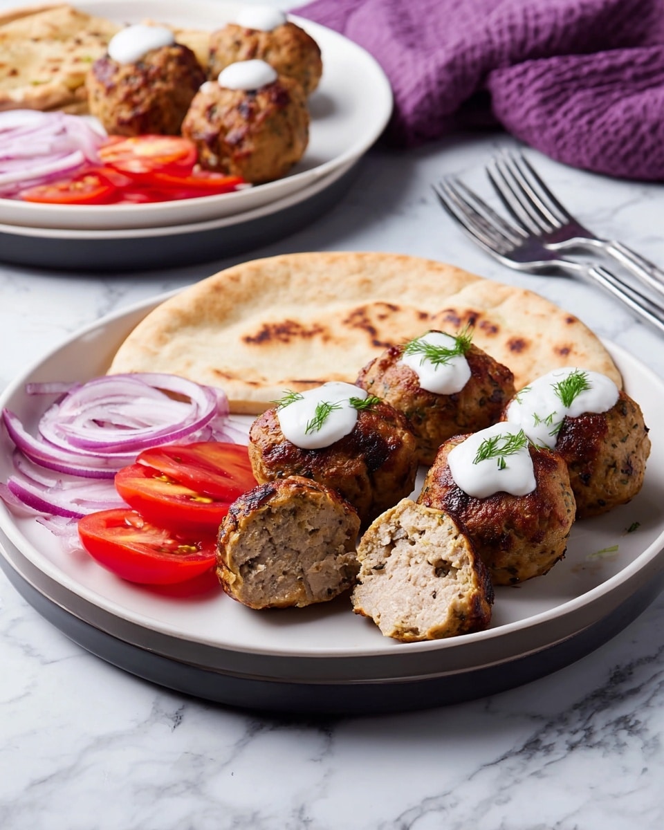 The image shows two white plates with a simple meal on a white marbled background. Each plate has one round flatbread with a slightly golden-baked top on the right side. To the left, there are several browned meatballs, some with a white creamy sauce dolloped on top. One meatball on the nearest plate is cut in half, showing a light, crumbly inside with small bits of seasoning. Next to the meatballs, there are slices of fresh red tomatoes and thinly sliced red onions. There is also a small white plate with extra tomato wedges and onion slices above the plates. Sprigs of fresh green parsley are scattered around on the white marbled surface. Photo taken with an iphone --ar 4:5 --v 7