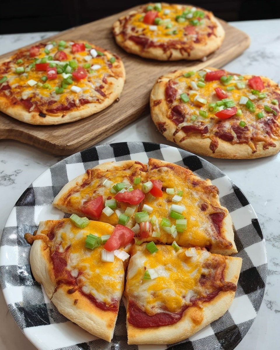 The image shows three small pizzas with golden brown, slightly thick crusts. Each pizza has a first layer of red tomato sauce spread to the edges, topped with a melted mix of yellow and white cheese layers. On top, small chopped pieces of red tomato and green onion are scattered evenly. Two whole pizzas are placed on a wooden cutting board in the background. In the foreground, one pizza is sliced into four pieces and sits on a white plate with a black and gray checkered pattern. The whole scene is set on a white marbled surface. Photo taken with an iphone --ar 4:5 --v 7