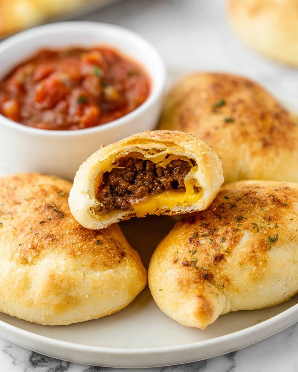 The image shows four golden-brown stuffed pockets placed close together on a white plate with a black rim. Each pocket has a slightly puffy and crisp texture with scattered green herbs on top. Some melted cheese gently oozes from underneath one pocket. In the background, there are two white bowls, one containing a green sauce with a spoon and the other holding a red sauce with a spoon. The whole setting is on a white marbled surface. Photo taken with an iphone --ar 4:5 --v 7