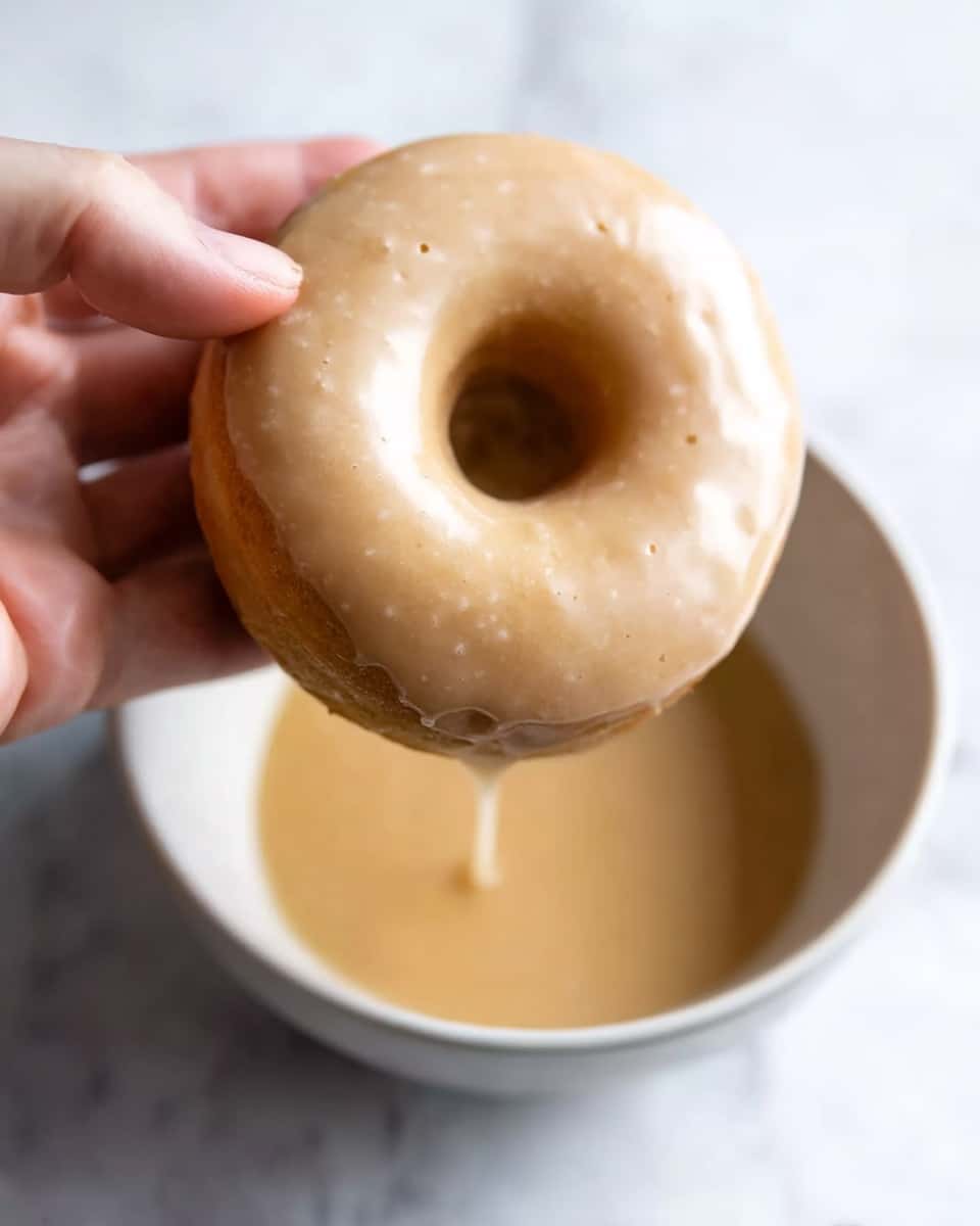 Pumpkin Donuts with Maple Glaze Recipe 6 The image shows a stack of three round doughnuts with a light brown glaze that appears smooth and slightly shiny. The top doughnut has a bite taken out of it, revealing a soft, moist, and spongy inside with a darker brown color. Each doughnut has a similar thick glaze dripping slightly over the edges. The background features a white marbled texture, and a few more doughnuts are blurred in the background. photo taken with an iphone --ar 4:5 --v 7