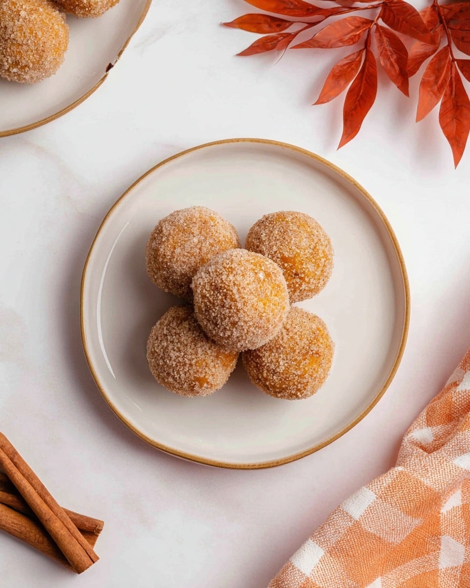 Easy Bisquick Pumpkin Donut Holes Recipe 5 A white plate with a thin gold rim is centered on a white marbled surface, holding five round, golden-brown balls covered evenly in a grainy cinnamon sugar coating. The balls are placed close together, forming a small pile in the middle of the plate. To the left, part of another white plate with a gold rim shows more of the same cinnamon sugar balls. In the top right corner, reddish-orange dried leaves add a soft, warm color contrast, while two cinnamon sticks lay near the bottom left corner. An orange and white checkered cloth is partially visible on the right side of the frame. Photo taken with an iphone --ar 4:5 --v 7