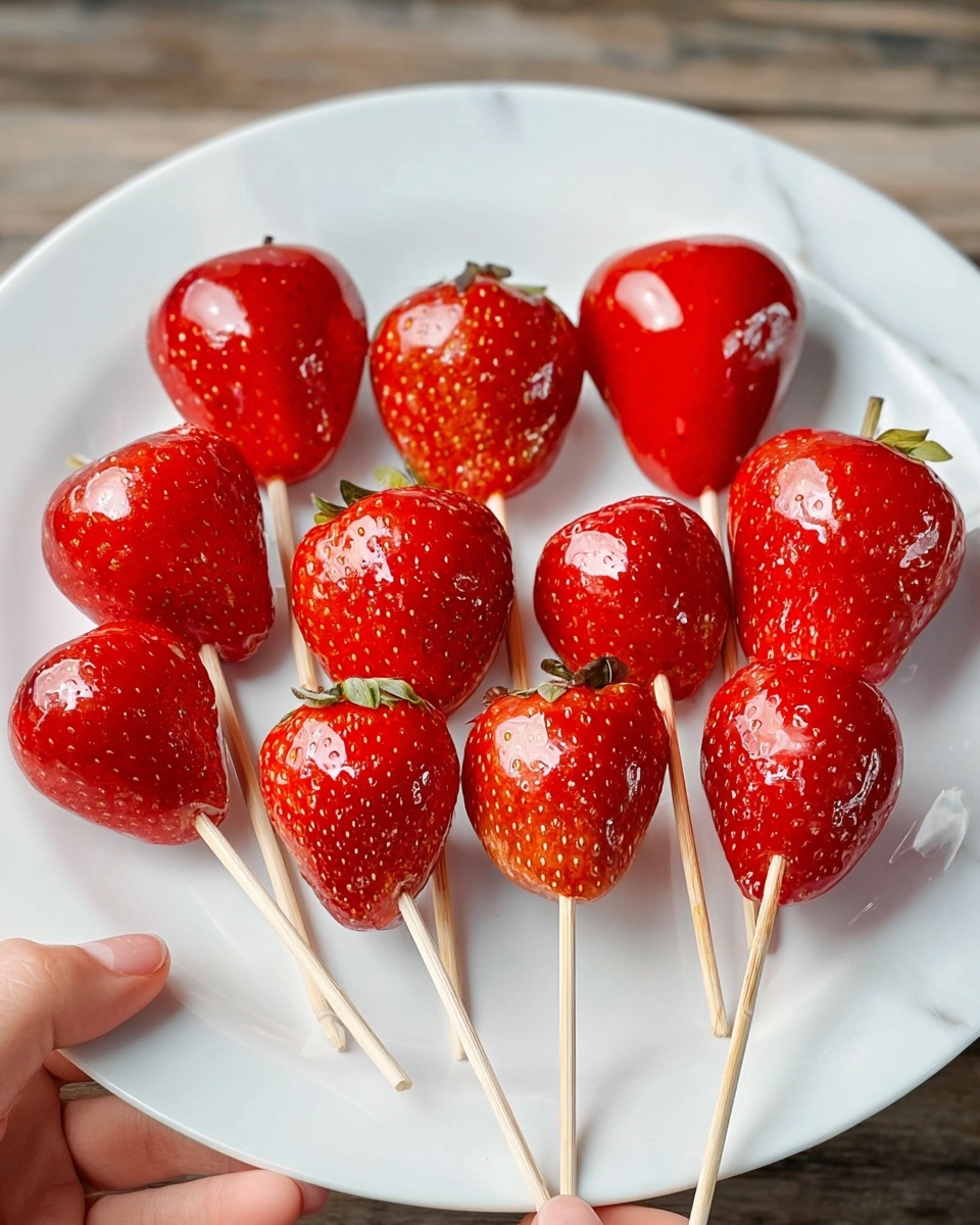Candied Fruit Skewers Recipe 5 A white plate on a white marbled surface holds eleven shiny red strawberries, each covered in a smooth, glossy candy coating that reflects light. Most strawberries are stacked in pairs on wooden sticks, showing two red globes on each stick with the candy shell making them appear thick and glass-like. Two single strawberries are also on sticks, one with a small bamboo loop at the top. The strawberries have a vibrant, fresh red color with tiny seeds visible beneath the transparent, hard candy layer. A woman's hand holds the plate from the right side. Photo taken with an iphone --ar 4:5 --v 7