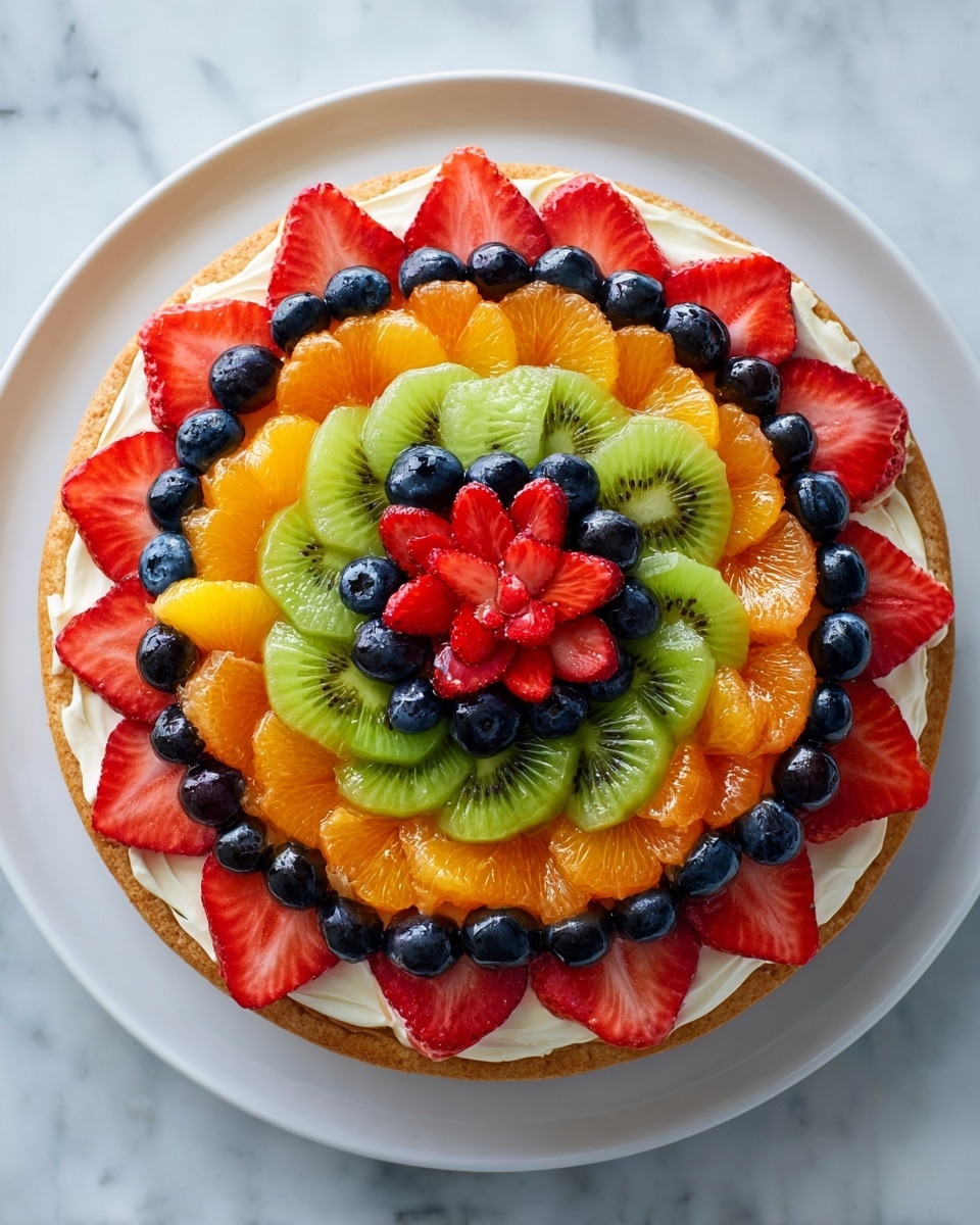 Fruit Pizza with Cream Cheese Frosting Recipe 5 A round fruit tart with five layers of fruit arranged in circles on top of a creamy white base, all on a white plate. The outermost layer has large red strawberry slices, followed by a ring of small dark blueberries, then a layer of bright green kiwi slices with visible black seeds. Inside that is a circle of orange mandarin pieces, next is another ring of blueberries, and then a layer of light green grapes. At the center, there are strawberry pieces shaped like a flower. The tart sits on a white marbled surface. Photo taken with an iphone --ar 4:5 --v 7