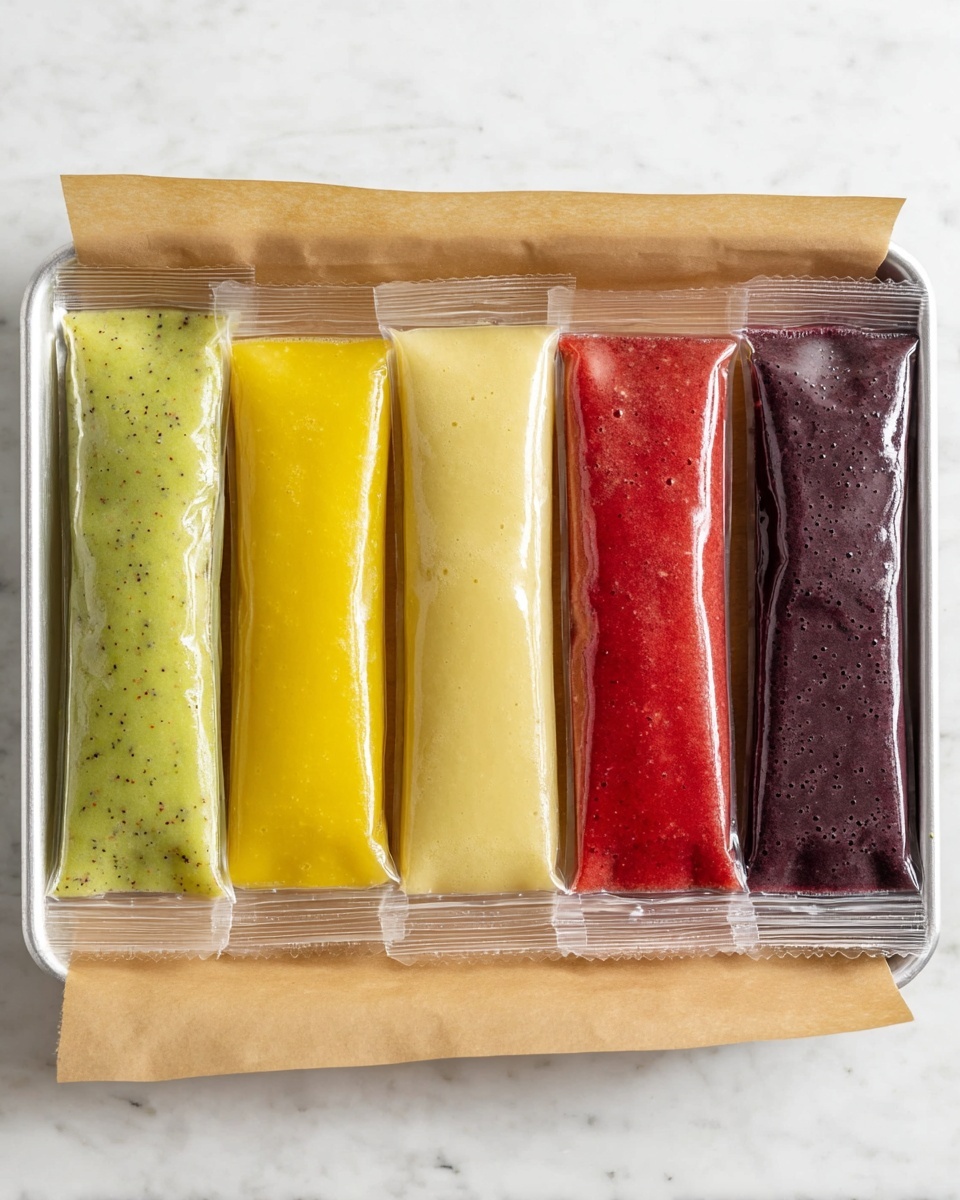 Refreshing Fruit Ice Pops Recipe 6 Five long clear plastic pouches filled with different colored smoothies are laid side by side on a white tray lined with brown parchment paper. From left to right, the colors are light green with specks, bright yellow, pale creamy yellow, red with small bubbles, and dark purple with a smooth texture. The tray sits on a white marbled surface. photo taken with an iphone --ar 4:5 --v 7