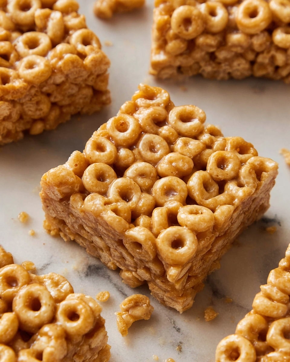 Peanut Butter Cheerios Bars Recipe 5 A close-up of a stack of three rectangular cereal bars made of small round honey-coated cereal pieces tightly packed together, forming a textured, golden-brown block. The bars have a chewy and slightly shiny surface, showing the round cereal loops with visible small holes. They are placed on a light brown paper on a white marbled surface, with some blurred cereal bars in the background. The photo taken with an iphone --ar 4:5 --v 7
