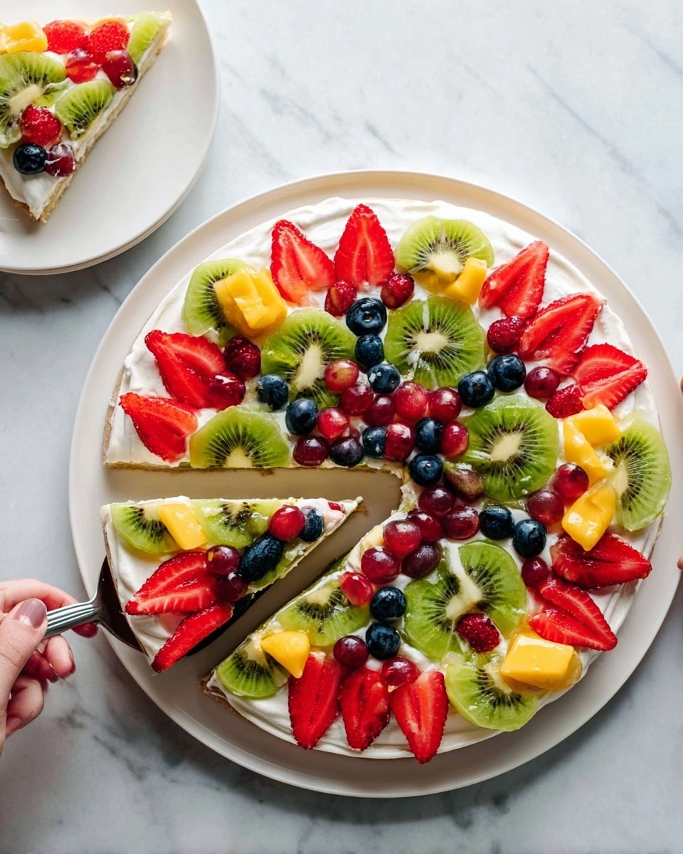 Fruit Pizza with Cream Cheese Frosting Recipe 6 A round fruit tart sits on a white plate with a white marbled background, showing three main layers: a firm light beige base, a creamy smooth white layer on top, and a colorful fruit arrangement on the surface. The fruit is placed in a circular pattern with layers from outside to inside: red strawberry slices with pointed tips facing outward form the outer ring; bright green kiwi slices slightly overlapping the strawberries come next; a ring of small dark and red grapes and blueberries creates the next inner circle; yellow mango pieces mixed with green kiwi slices fill the next layer inside; in the center, a star shape made of red strawberry slices holds clusters of blueberries and dark grapes. Around the main dish, white bowls hold pieces of kiwi, yellow mango, blueberries, and strawberry slices. photo taken with an iphone --ar 4:5 --v 7