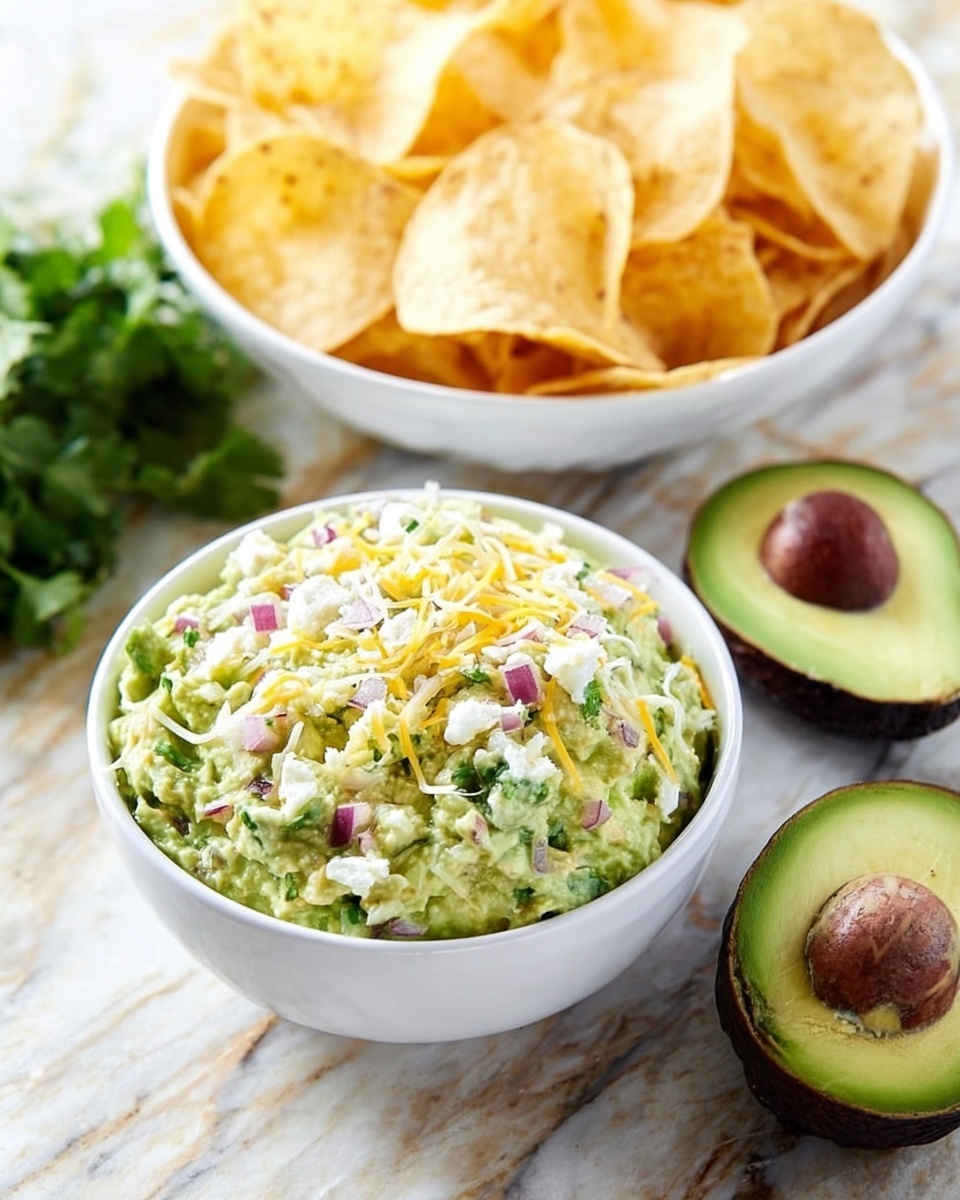 Cheesy Avocado Guacamole Recipe 6 Small white tortilla cups shaped like flowers are filled with two layers: a smooth, light green guacamole base topped with a mix of shredded white and yellow cheese with small white crumbles sprinkled over. The cups are placed on a wood-textured surface, with five cups visible, the front cup in clear focus and the others softly blurred in the background. The scene looks fresh with bright natural light highlighting the creamy and slightly chunky texture of the guacamole and the fine texture of the cheese photo taken with an iphone --ar 4:5 --v 7
