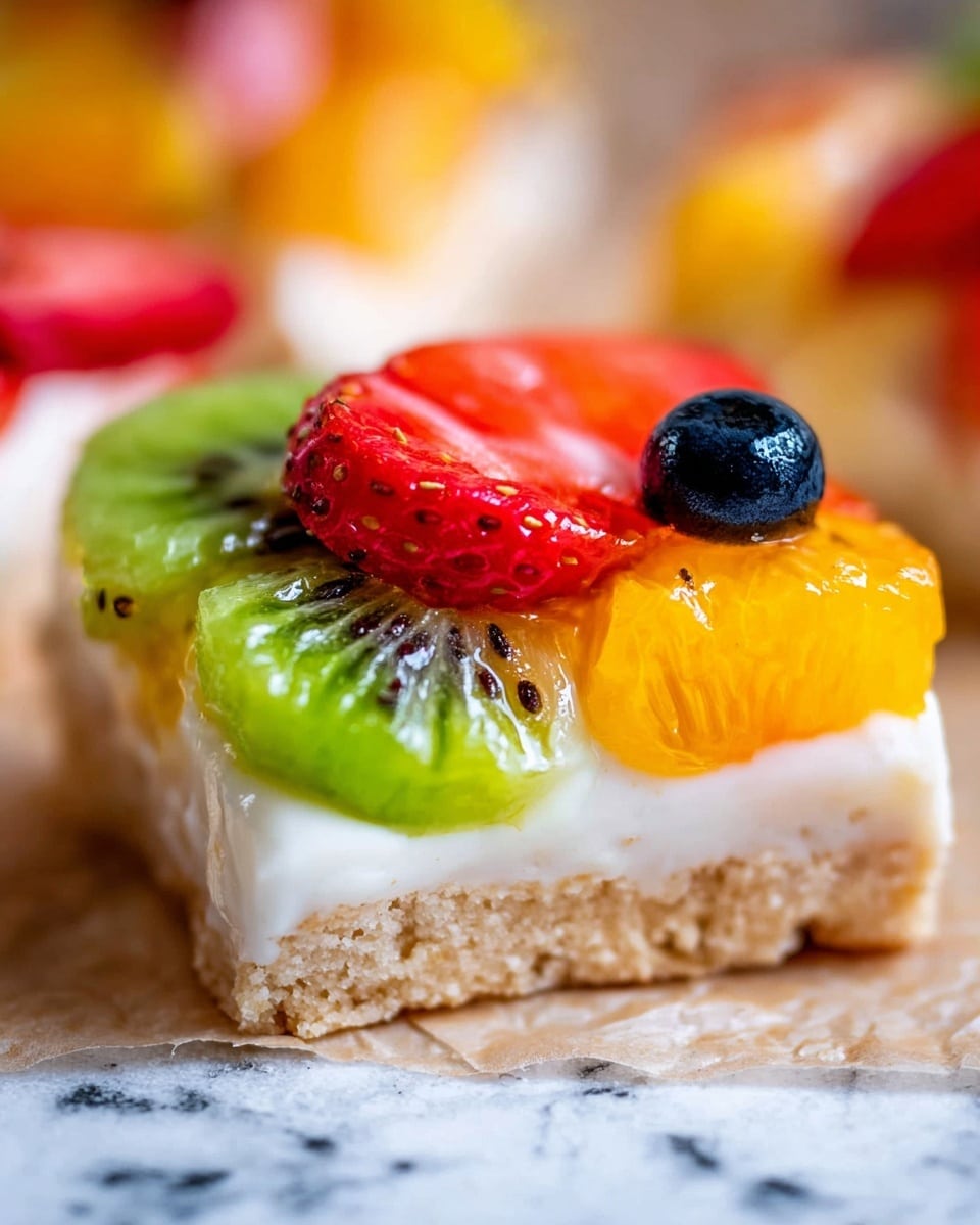 Fruit Pizza with Sugar Cookie Crust Recipe 5 A close-up image of a small square tart resting on crinkled parchment paper on a white marbled surface. The tart has three visible layers: a light brown crumbly base, a smooth white creamy middle layer, and a colorful top layer made of different fruits. On the top, from left to right, there are slices of bright green kiwi with black seeds, a shiny red strawberry piece with visible texture, a couple of small dark blue blueberries, and a small section of glossy bright orange fruit, likely peach or mandarin. The focus is sharp on the front part of the tart, showing detail in the crumb and fruit textures, with a soft blurred background. photo taken with an iphone --ar 4:5 --v 7
