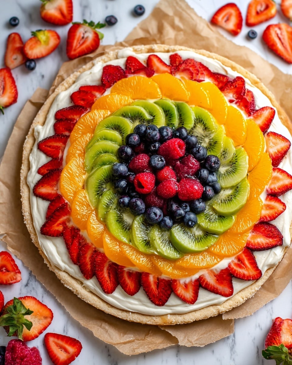 Fruit Pizza with Sugar Cookie Crust Recipe 6 The image shows a slice of fruit tart with three clear layers. The bottom layer is a light golden crust with a slightly crumbly texture. On top of the crust is a thick, smooth white cream layer. The top layer is made of neatly arranged fresh fruit slices: bright red strawberry halves, green kiwi slices with seeds, shiny orange mandarin segments, and small round dark blue blueberries that add pops of color. The slice is placed on a white marbled surface, and some extra blueberries and strawberry halves are scattered nearby. A shiny metal spatula rests partly under the tart slice, and the whole scene is brightly lit. Photo taken with an iphone --ar 4:5 --v 7
