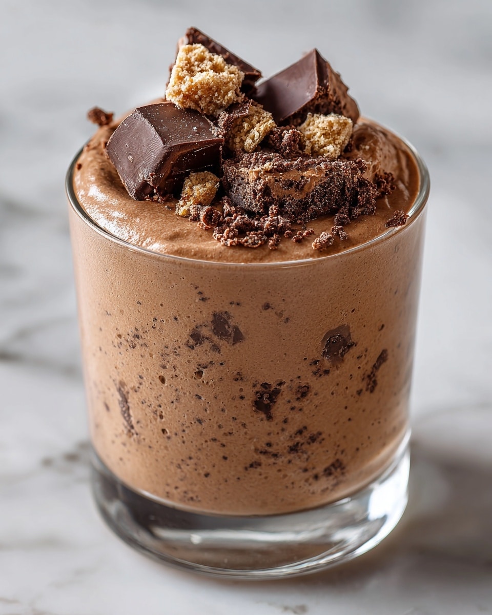 Peanut Butter Cup Smoothie Recipe 5 This image shows a short clear glass filled with a thick, creamy chocolate mousse that nearly spills over the top. The mousse has a smooth texture with small darker chocolate specks throughout. On top, there are several pieces of broken chocolate and cookie bits scattered, adding a crunchy texture contrast. The glass sits on a white marbled surface. Photo taken with an iphone --ar 4:5 --v 7