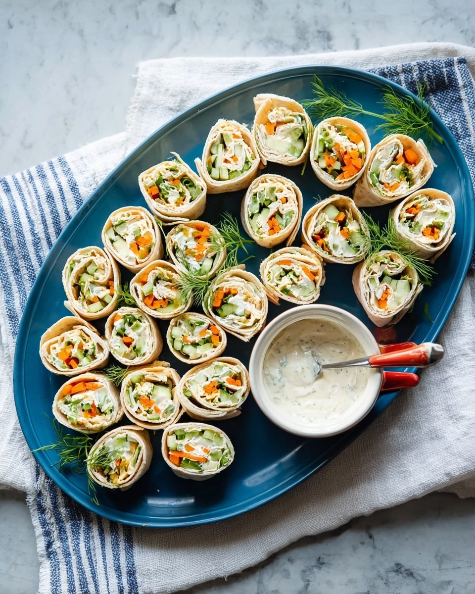 Vegetable Cream Cheese Roll Ups Recipe 5 There is a large blue oval plate with about seventeen small wrap pinwheels evenly placed in neat rows. Each pinwheel has visible layers including a light beige tortilla wrap on the outside and colorful fillings of white cheese or cream, green cucumber or broccoli, orange carrot slices, and some fresh green herbs like dill inside. On the right side of the plate, there is a small white bowl with two red handles, filled with a creamy white dip, with a spoon resting inside it. The background has a white marbled texture, and a white cloth with blue stripes is underneath part of the plate. Photo taken with an iphone --ar 4:5 --v 7