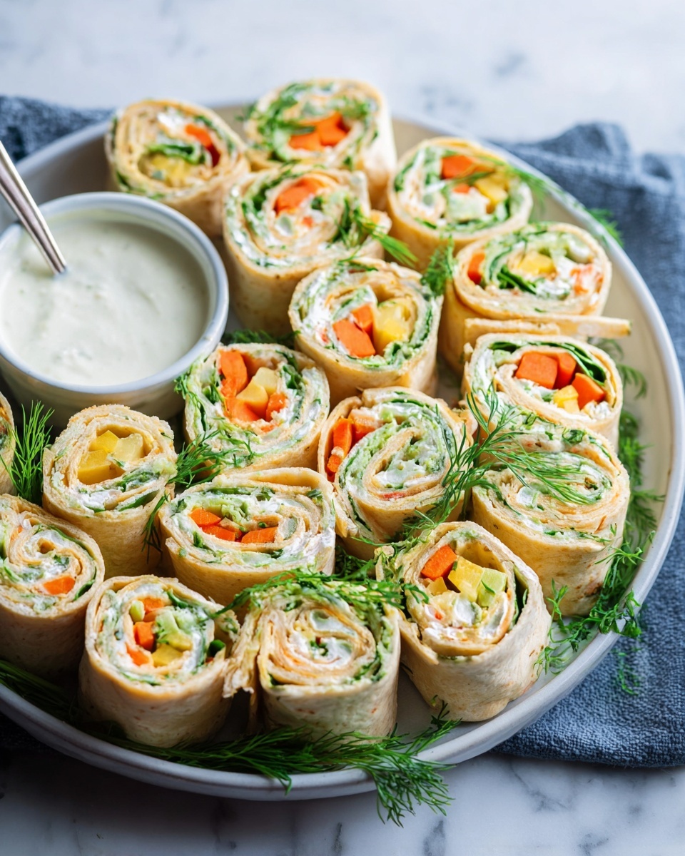 Vegetable Cream Cheese Roll Ups Recipe 6 Several small tortilla wraps are sliced into rounds and arranged closely on a brown wooden board. Each round shows clear layers of white tortilla, light beige thin turkey slices, bright green leafy lettuce, and thick red tomato slices. A woman's hand is gently holding one wrap on the left side. The board rests on a blue, white, and green striped kitchen towel, with a white marbled surface underneath. There are small sprinkles of salt on the board. photo taken with an iphone --ar 4:5 --v 7