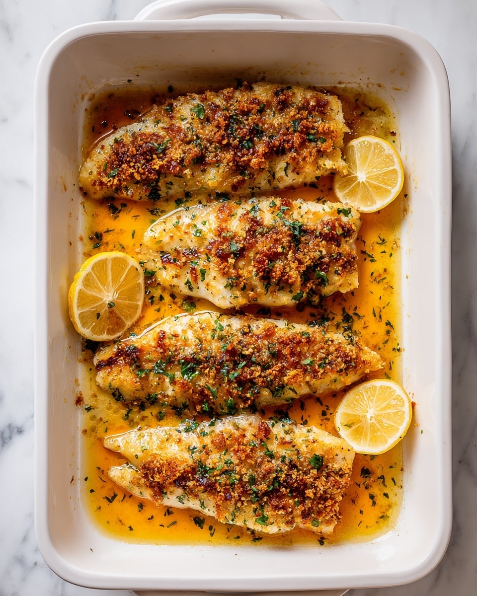 Lemon Garlic Baked Tilapia Recipe 5 The image shows a white rectangular baking dish filled with four cooked fillets of fish, each with a golden-brown crust and sprinkled with small bits of crispy seasoning and herbs. The fish is partially covered with orange-brown oily sauce that pools around the edges and bubbles slightly. Two lemon wedges with bright yellow skin and pale juicy flesh rest near the top right and bottom left corners inside the dish. The dish is placed on a white marbled surface, and the overall scene is brightly lit with soft shadows. photo taken with an iphone --ar 4:5 --v 7
