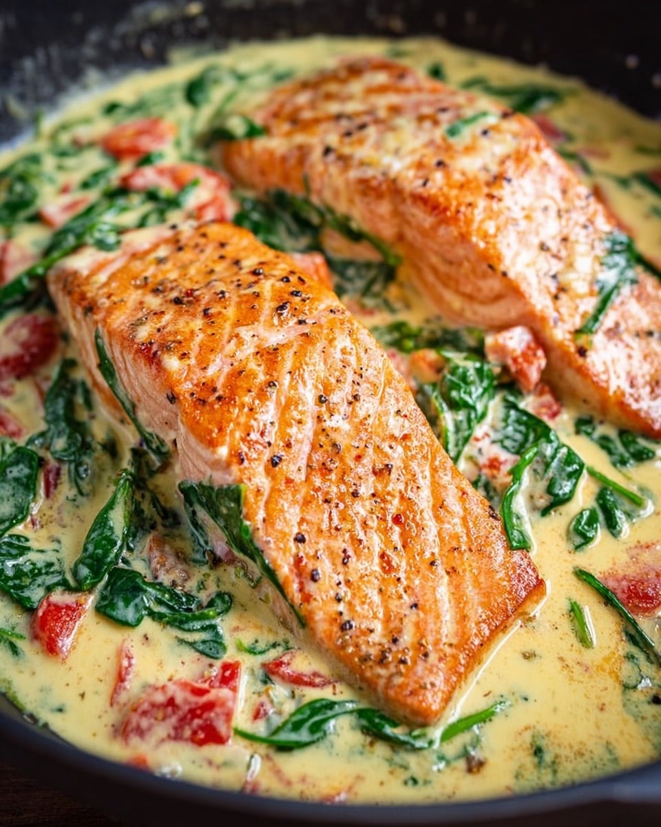 Salmon in Roasted Pepper Spinach Sauce Recipe 5 Two thick, orange salmon fillets with light grill marks sit in a creamy sauce filled with bright green spinach leaves and small red tomato pieces. The creamy sauce is light yellow with black pepper flakes mixed in, covering the salmon and filling the pan. The pan has a dark inside, contrasting the colors of the food. The sauce looks smooth and thick, and the spinach leaves are fresh and soft. The image is close up, showing the texture of the salmon's cooked surface covered in the creamy sauce. photo taken with an iphone --ar 4:5 --v 7