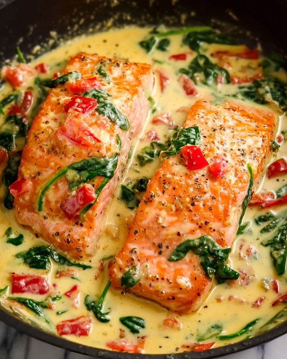 Salmon in Roasted Pepper Spinach Sauce Recipe 6 A close-up of a creamy sauce layered over a piece of cooked salmon. The salmon is orange with a slightly browned, cooked texture on top. The sauce is pale yellow, thick, and smooth, mixed with bright green spinach leaves and small red tomato pieces scattered evenly across the sauce. A wooden spoon is lifting some sauce with spinach and tomatoes above the salmon. The background is a white marbled texture. Photo taken with an iphone --ar 4:5 --v 7