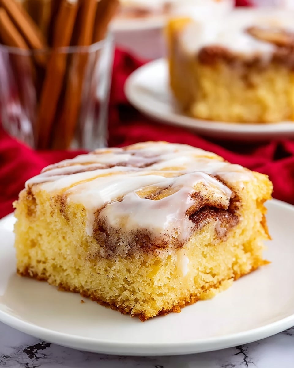A white plate holds a batch of golden yellow cinnamon coffee cake slices topped with a smooth, light beige glaze that drips softly down the sides. Each piece has visible layers of cinnamon filling, a darker brown, running through the fluffy yellow cake base. In the foreground, a woman's hand with a turquoise knife is lifting one thick slice, showing its moist texture and cinnamon swirl inside. The whole scene is set on a white marbled surface with a blurred white mug in the background. photo taken with an iphone --ar 4:5 --v 7