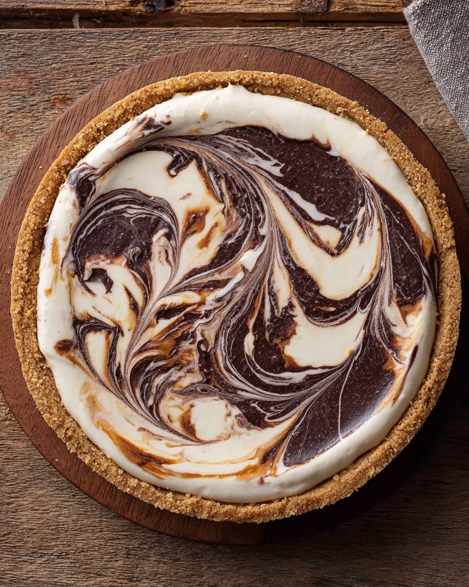 The image shows a round pie with three visible layers: a light brown crumbly crust at the bottom and sides, a smooth creamy white filling spread evenly within the crust, and dark brown and white swirled toppings creating a marbled effect on the surface. The swirls form curved, wavy shapes spreading from the center to the edges with a mix of shiny dark brown and matte white areas. The pie rests on a wooden table with a rustic texture, enhancing the pie’s warm and homey appearance. Photo taken with an iphone --ar 4:5 --v 7