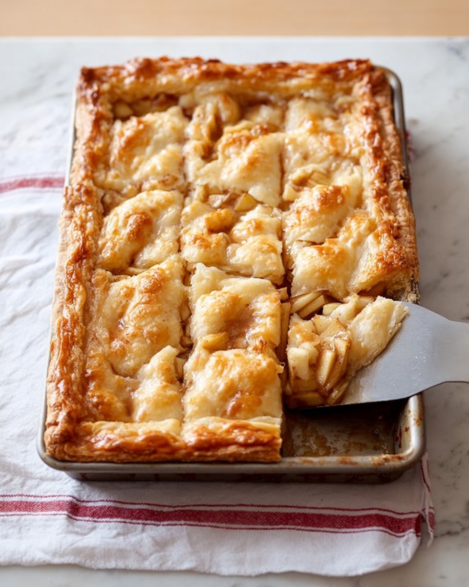 The image shows a rectangular pie baked in a metal pan set on a white marbled surface with a white cloth that has red stripes underneath. The pie has one main layer of golden-brown flaky crust on the sides with three thick rows of soft, light golden pastry on top, creating a slightly uneven surface with visible chunks of cooked apple pieces in light brown color inside. On the right side, a metal spatula is partially under the pie, ready to lift one slice, and the whole scene is lit by natural light giving the pie a warm and inviting look. Photo taken with an iphone --ar 4:5 --v 7