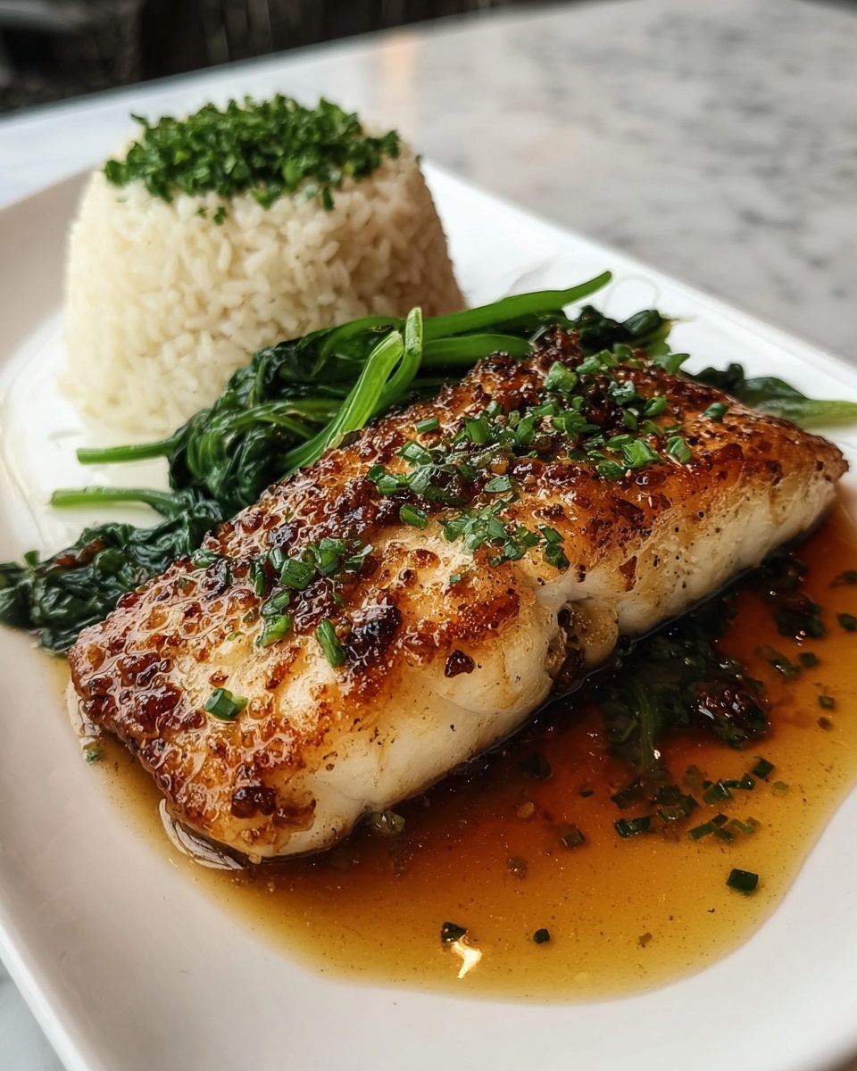 The image shows a thick, white fillet of grilled fish sitting in a rich, reddish-brown sauce with visible spices and herbs, adding texture and color to the base layer. The fish has a golden-brown, slightly charred surface with visible grill marks and pepper seasoning. On top of the fish, two fresh green sprigs of rosemary rest diagonally. Around the fish at the back, there are several bright red cherry tomatoes, some slightly shiny and reflecting light. The dish is served on a white plate, placed on a white marbled textured surface. photo taken with an iphone --ar 4:5 --v 7