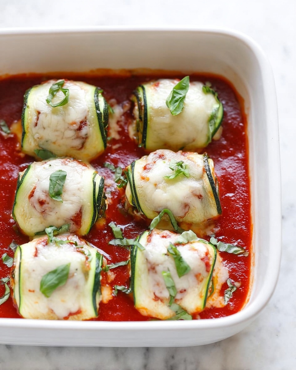 Zucchini Rollatini with Marinara and Cheese Recipe 5 The image shows six zucchini roll-ups placed in a white baking dish filled with red tomato sauce. Each roll-up has a light green outer zucchini layer wrapped around a creamy white filling, topped with melted white cheese that looks gooey and slightly browned. Small green basil leaves are scattered over the roll-ups for decoration. The dish sits on a white marbled surface, and the overall look is fresh, colorful, and inviting. photo taken with an iphone --ar 4:5 --v 7