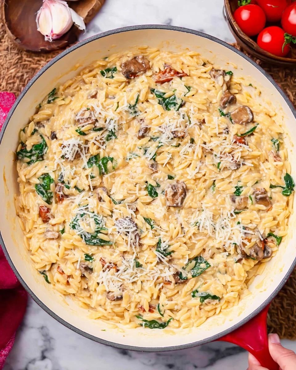 A close-up of a white pan filled with creamy orzo pasta mixed with small pieces of browned mushrooms and green spinach leaves. The orzo is light yellow and covered with a sprinkle of grated pale cheese on top. The pan is on a white marbled surface with a few cherry tomatoes, a halved garlic bulb, and a woman's hand holding the pan's handle, which is red. The overall look is warm and rich in color, showing a hearty, cheesy pasta dish. photo taken with an iphone --ar 4:5 --v 7