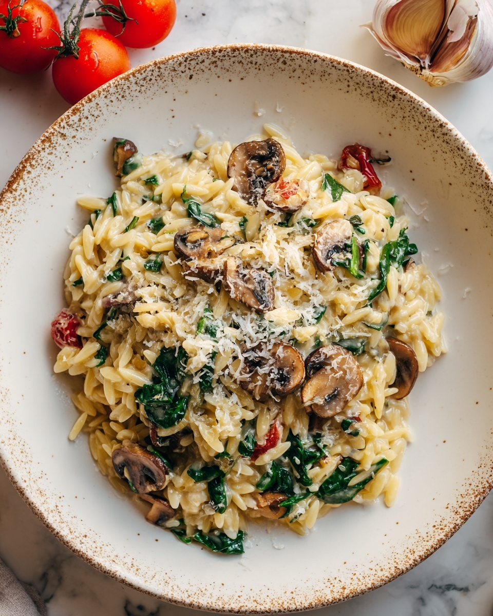 A large round white plate is full of short, twisted pasta mixed with small pieces of brown meat and scattered green leafy bits, all coated in a creamy orange sauce. Some white grated cheese is sprinkled over the top, adding a slightly rough texture. In the background, a whole sliced red tomato, green leaves, a piece of garlic, a white-handled spoon with a golden tip, and a blue and white cloth add color around the main dish, all set on a white marbled surface. photo taken with an iphone --ar 4:5 --v 7