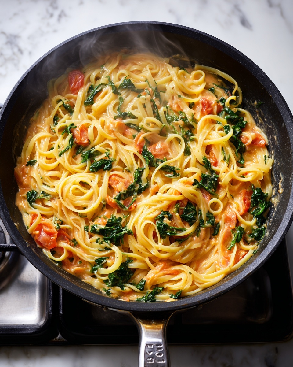 A black pan holds a creamy pasta dish with three main layers: yellow-orange noodles looped in thick strands, pieces of bright green spinach scattered throughout, and chunks of red tomatoes mixed evenly inside. The sauce is smooth and light orange, lightly covering the noodles and vegetables. Steam rises gently from the pan, sitting on a black stovetop with circular burners faintly visible. The pan's handle, black with a silver label, extends to the lower right corner. The background is a white marbled surface. photo taken with an iphone --ar 4:5 --v 7