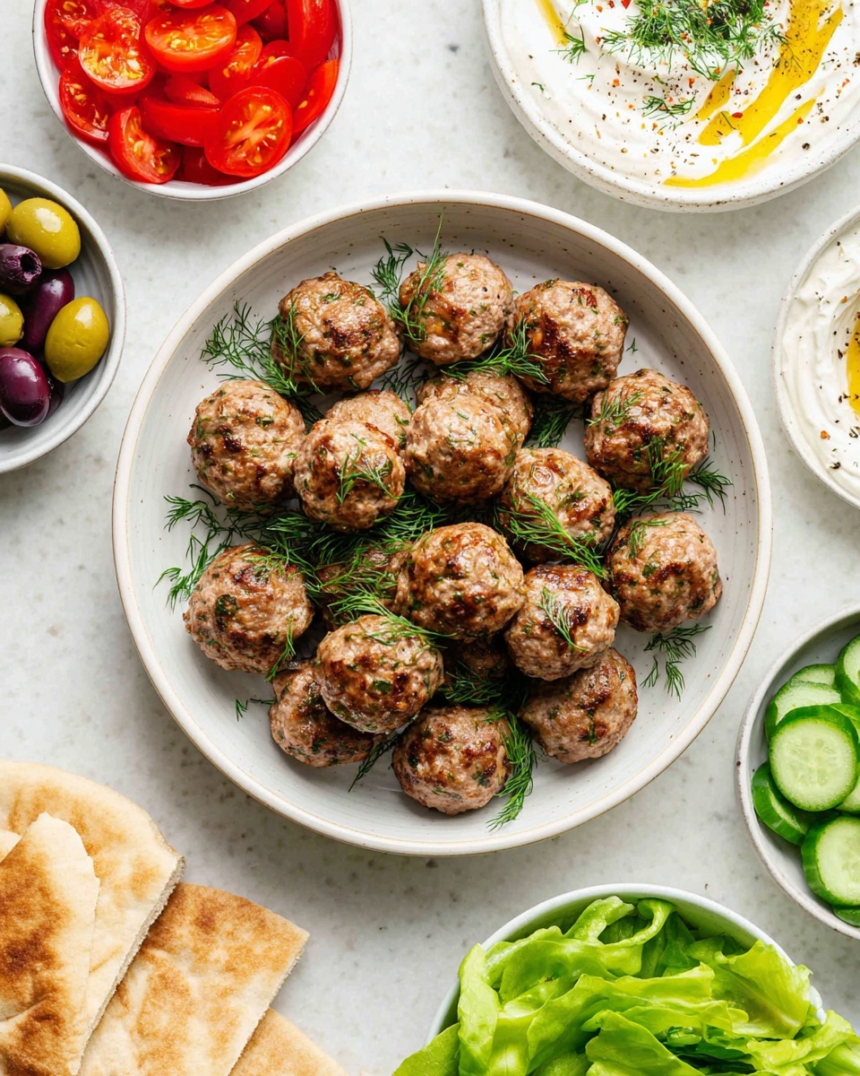 Two white bowls each hold a colorful Greek-inspired salad with three layers: a base of chopped green lettuce, a middle layer of sliced red tomatoes, green cucumber, and green bell pepper strips, and a top layer with five browned meatballs garnished with fresh dill, crumbled white feta cheese, and a dollop of white tzatziki sauce with olive oil and herbs. A third white bowl contains extra meatballs with dill, placed next to a pale bowl filled with white tzatziki sauce topped with olive oil and dill, and a silver spoon inside. Pieces of torn pita bread rest beside the bowls on a white marbled surface, along with a blue and white striped cloth. The scene is bright and fresh. photo taken with an iphone --ar 4:5 --v 7