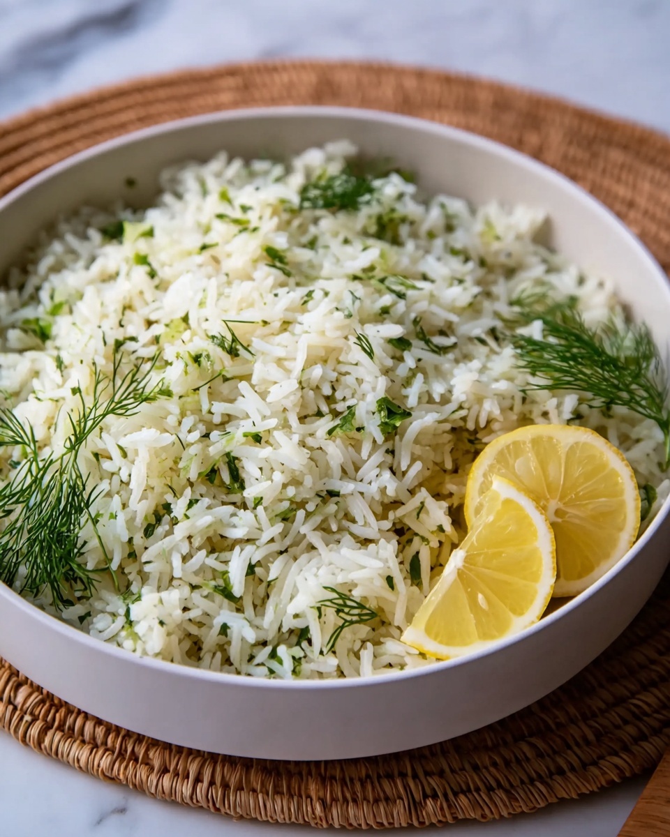 Lemon Herb Rice Recipe 5 The image shows a close-up view of one layer of cooked white rice mixed with small pieces of chopped green herbs and tiny bits of yellow zest spread evenly throughout. The rice grains look fluffy and separate, with some herbs resting on top adding a slight leafy texture and color contrast. A silver spoon is partially dipped into the rice on the right side, resting inside a white bowl with subtle texture. The background is a white marbled surface. photo taken with an iphone --ar 4:5 --v 7