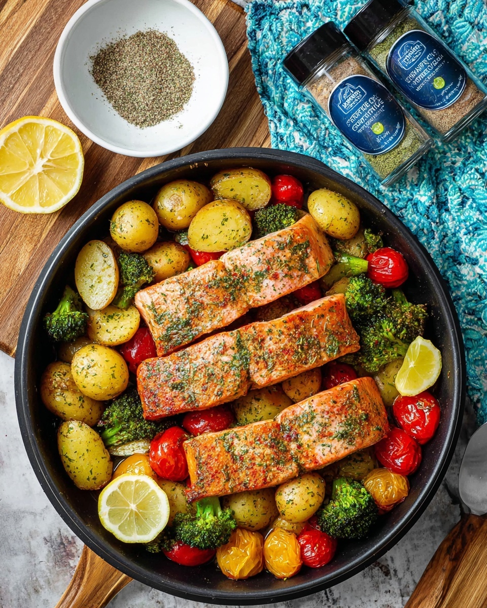 The image shows several pieces of cooked salmon fillets with a light orange color, seasoned with black pepper and herbs. Around the salmon, there are small round potatoes in yellow, red, and light brown colors, some with a slightly shiny surface. Bright green broccoli florets are scattered among the potatoes, adding a fresh look. There are also roasted tomatoes in red and yellow, with wrinkled skins and a shiny texture. Two lemon halves, pale yellow with visible segments, are placed near the bottom of the image. Everything rests on a faintly visible cooking pan surface with some oil and seasonings that add a glossy finish. The overall scene is bright and colorful. photo taken with an iphone --ar 4:5 --v 7