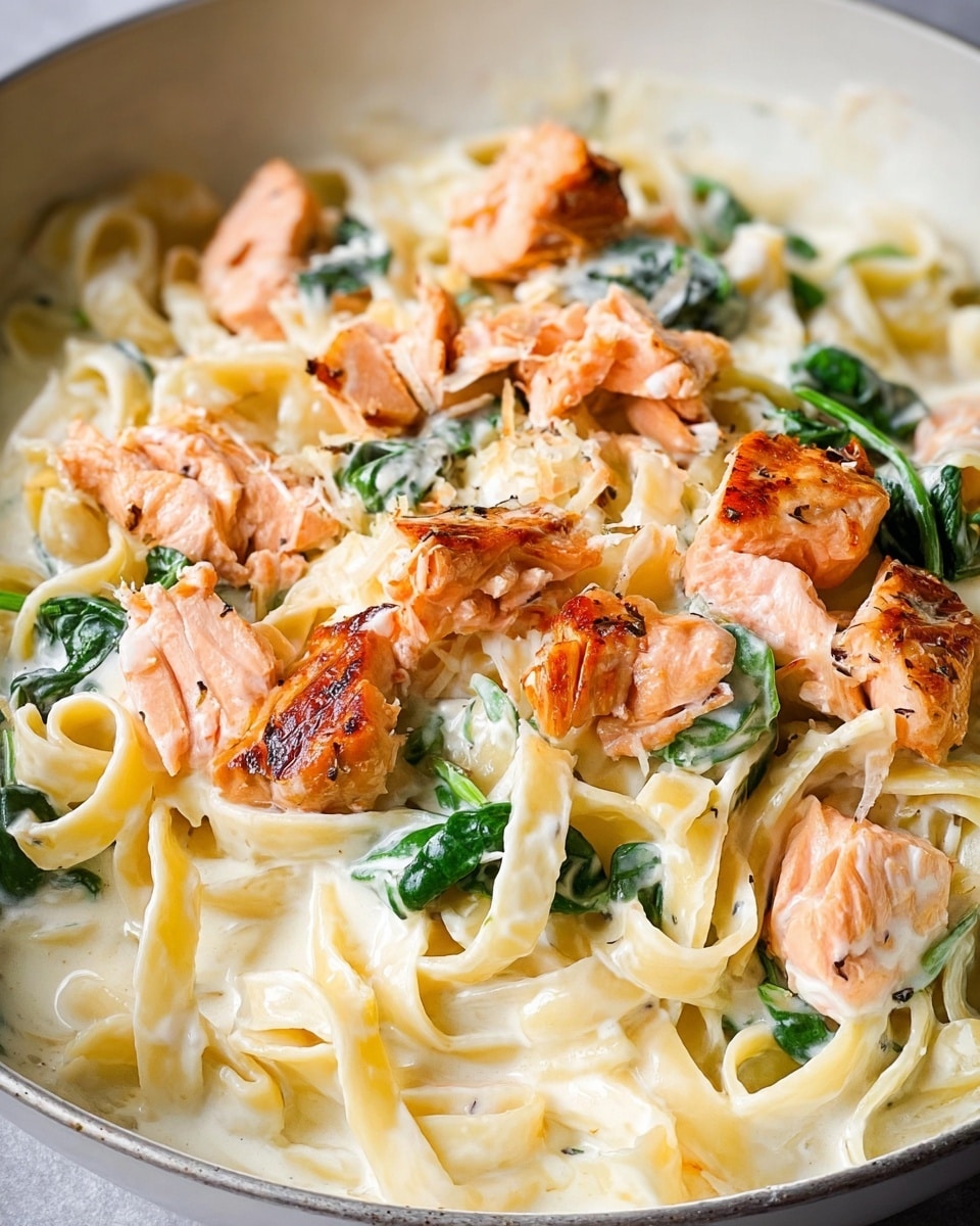A white bowl filled with creamy fettuccine pasta mixed with chunks of light orange salmon pieces. The pasta is coated with a smooth white sauce and sprinkled with small green herb leaves on top. A silver fork with a wooden handle is placed inside the bowl, catching some pasta and salmon. The bowl is set on a white marbled surface, and in the background, a half-cut lemon and some scattered green herbs can be seen. photo taken with an iphone --ar 4:5 --v 7