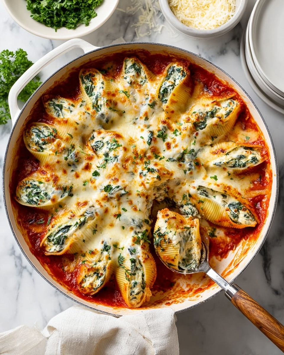A round white pan filled with a baked dish of stuffed pasta shells arranged in a circle, each shell filled with green leafy spinach and white cheese, covered with melted golden and white cheese on top, sitting in a layer of bright red tomato sauce beneath the shells, showing a creamy texture inside the pasta. A metal serving spoon with a wooden handle is lifting some of the shells on the right side, and the pan rests on a white marbled surface, next to a white cloth and green parsley. A small white bowl with grated cheese and stacked white plates are visible in the background photo taken with an iphone --ar 4:5 --v 7