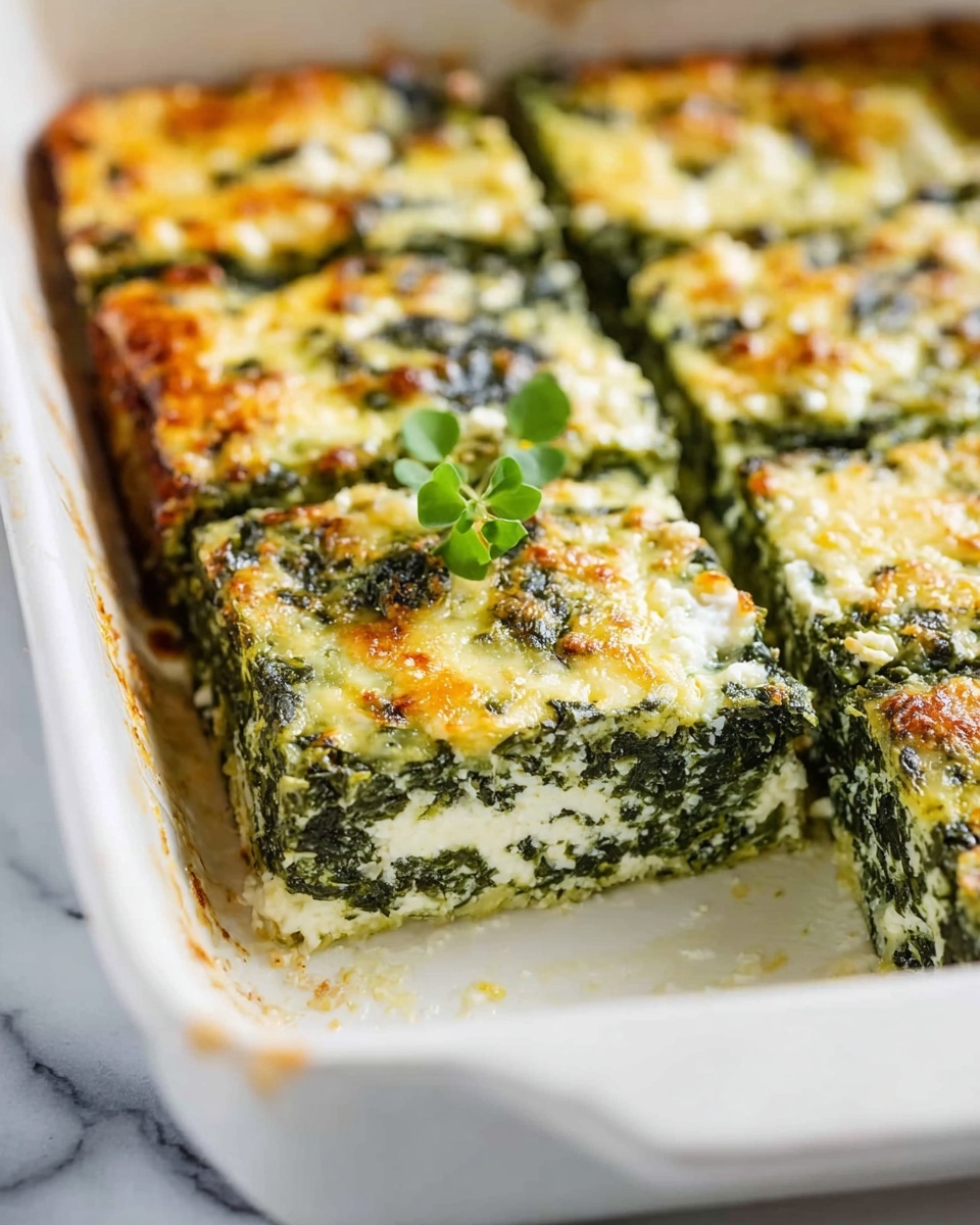 Creamy Spinach and Cottage Cheese Casserole Recipe 3 The image shows a white rectangular baking dish with a spinach and cheese casserole inside. The casserole is cut into square pieces, exposing three layers: a bottom layer of white creamy cheese, a thick middle layer of cooked, dark green spinach mixed with cheese, and a top layer of slightly browned spinach and melted cheese, giving a textured green and golden look. There is a small green herb garnish on the top center of the casserole. The baking dish sits on a white marbled surface, and the edges of the dish show some baked cheese residue. Photo taken with an iphone --ar 4:5 --v 7