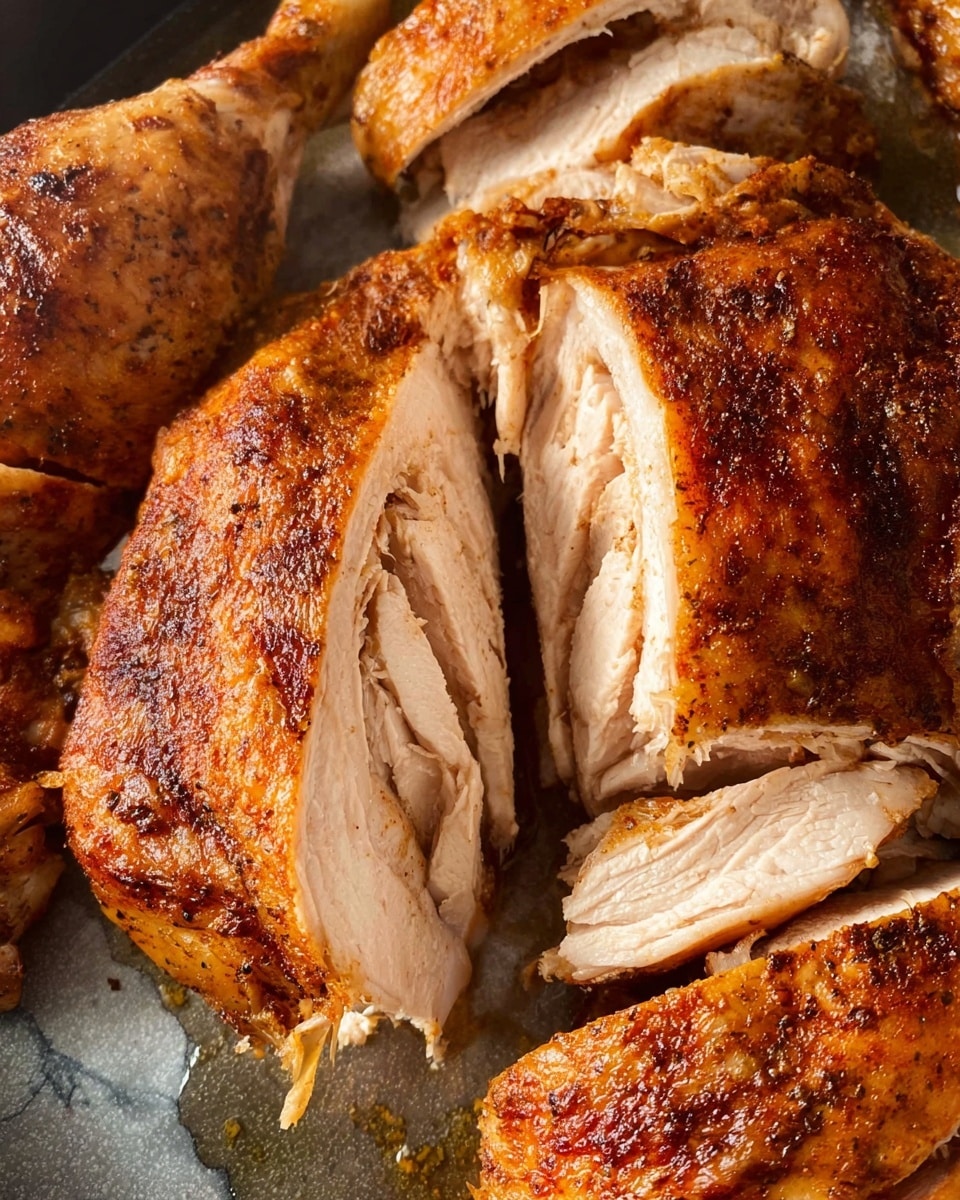The image shows a close-up of a roasted chicken sliced into parts on a white marbled surface, revealing multiple layers: the outer crispy brown skin with a slightly rough texture, underneath a light golden layer of cooked chicken meat, and the inner moist white meat with a fibrous texture. The large piece is positioned at the center, with smaller pieces arranged near it, displaying the contrast between the rich brown seasoned skin and the pale juicy interior meat. The pieces rest on a dark baking tray, with juices visible around them, enhancing the fresh and savory look. Photo taken with an iphone --ar 4:5 --v 7