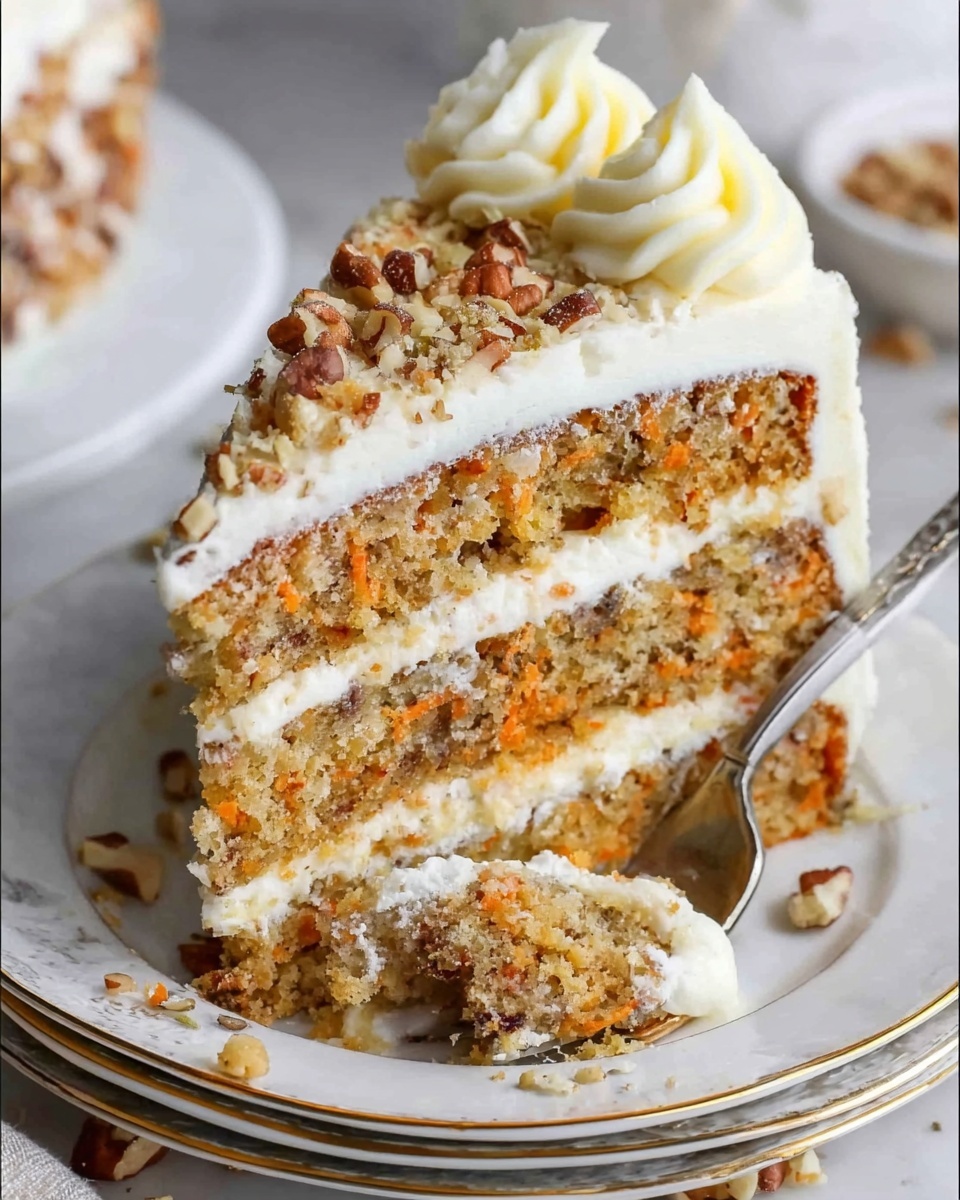 A slice of three-layer carrot cake sits on a white plate with a gold rim, placed on a white marbled surface. Each layer is light brown with visible bits of orange carrot and small nuts inside, separated by thick, creamy white frosting. The top layer is covered with the same frosting, decorated with chopped nuts on one side and a swirl of creamy frosting on the corner. A silver fork pokes into the bottom cake layer, and loose nuts are scattered around the plate. The background is soft and blurred, emphasizing the cake. Photo taken with an iphone --ar 4:5 --v 7