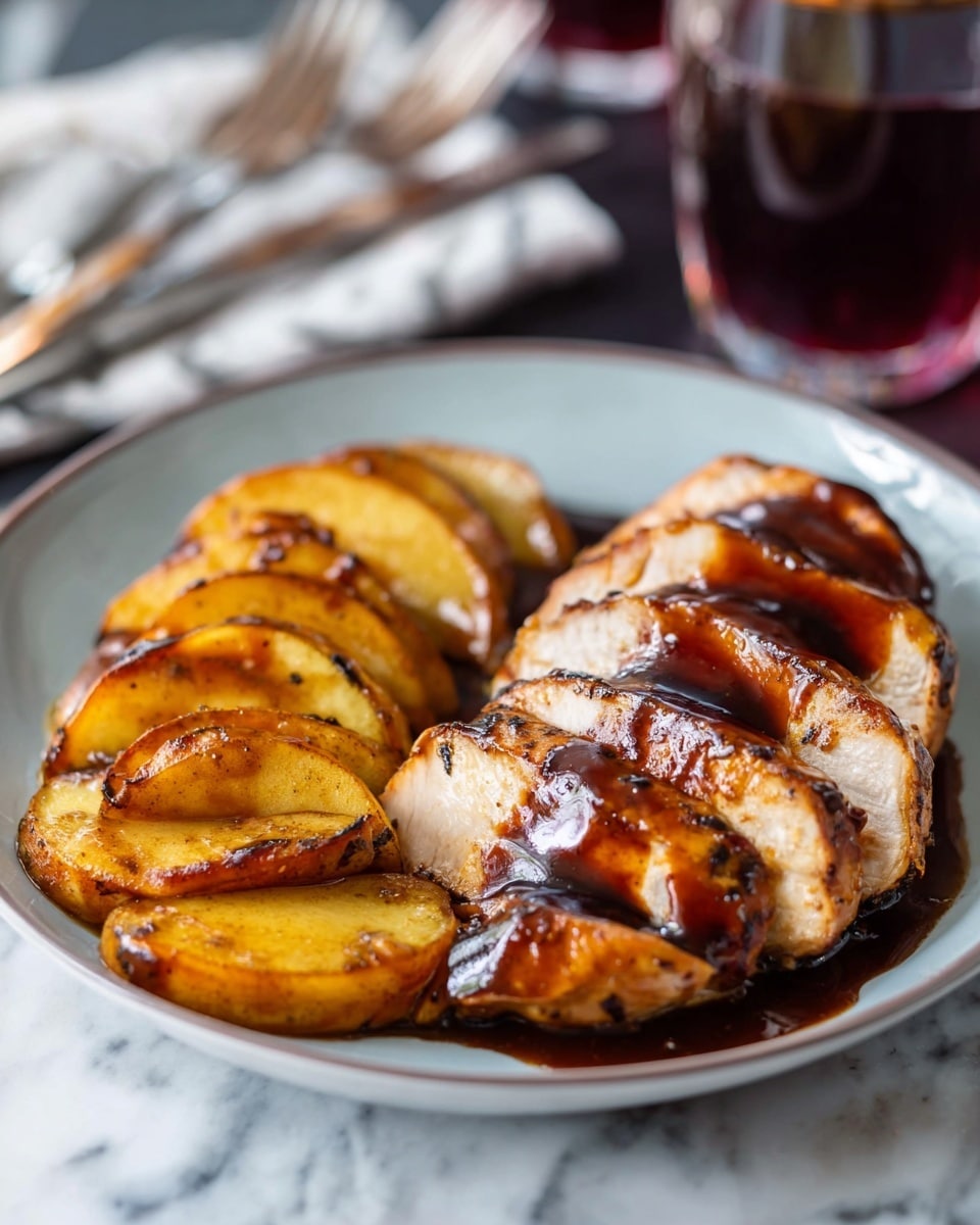 The dish shows four thick slices of grilled chicken with a glossy, dark brown sauce on top, placed on the right side of a white plate. On the left side of the plate, there are several golden brown apple slices, also covered in the same shiny sauce, arranged in a slightly overlapping way. The plate sits on a white marbled surface with a blurred glass of dark red drink and silver fork and knife in the background. Photo taken with an iphone --ar 4:5 --v 7
