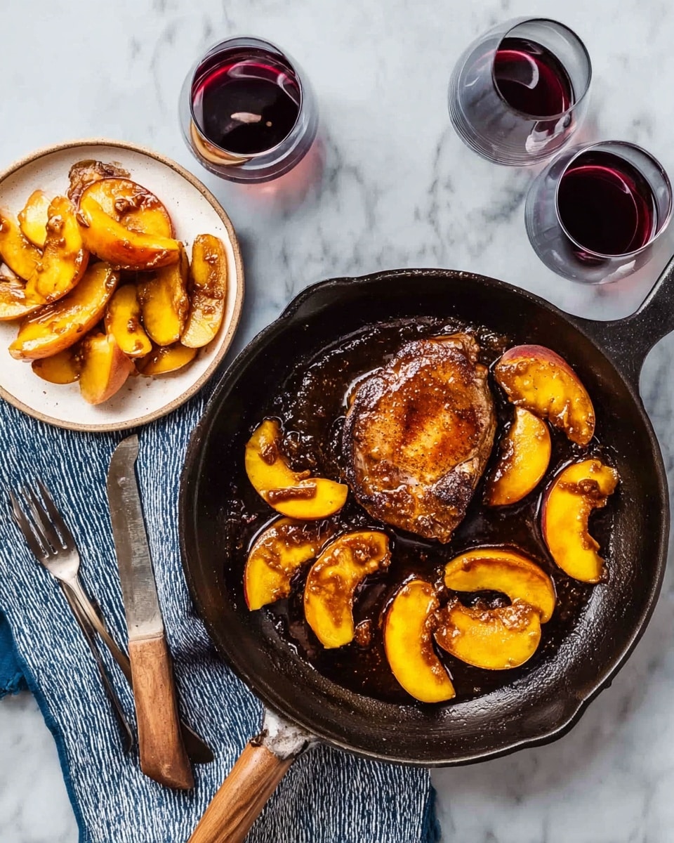 A black cast iron pan sits on a white marbled surface filled with a glossy, dark sauce. Inside the pan, there is one large, golden-brown cooked piece of meat near the center, surrounded by several soft, caramelized peach slices that have a warm orange-yellow color with darker caramel spots. Next to the pan, there is a small white plate holding a neat pile of similar caramelized peach slices, shiny from the sauce. To the left of the plate, a fork and knife with wooden handles are placed crossed. Two clear glasses filled halfway with dark red wine are placed diagonally opposite each other near the pan and plate. A white and blue striped cloth is partly under the glass with a fork resting on it. photo taken with an iphone --ar 4:5 --v 7