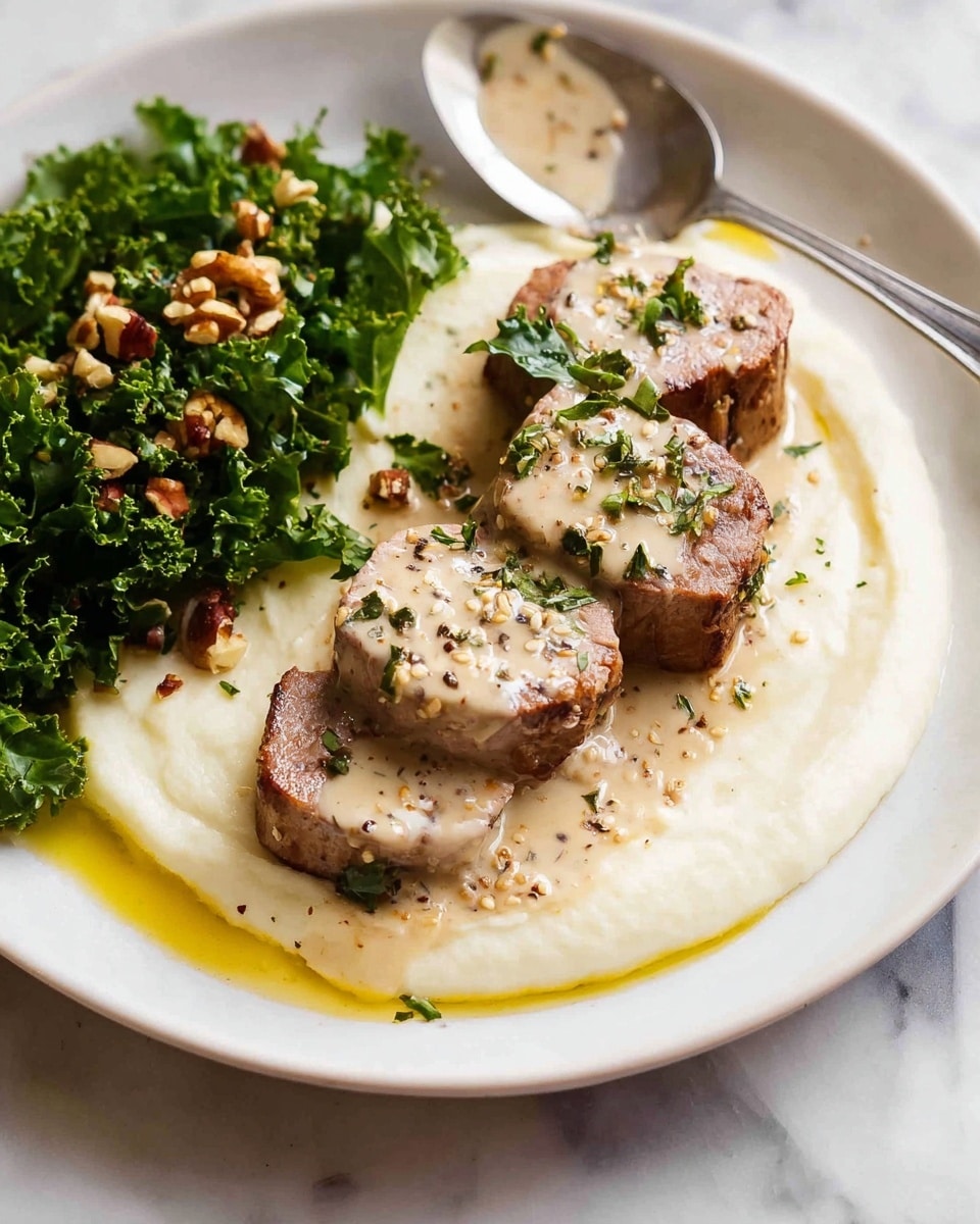 The image shows a white plate with three thick round slices of cooked meat placed on a smooth layer of creamy white mashed potatoes with a drizzle of yellow oil around it. The meat is topped with a beige sauce with visible small seeds and sprinkled with green herbs. To the left of the plate, there is a small pile of fresh green kale leaves sprinkled with chopped nuts and light white onion pieces. A silver spoon with some sauce rests near the top right of the plate. The plate is placed on a white marbled surface. photo taken with an iphone --ar 4:5 --v 7
