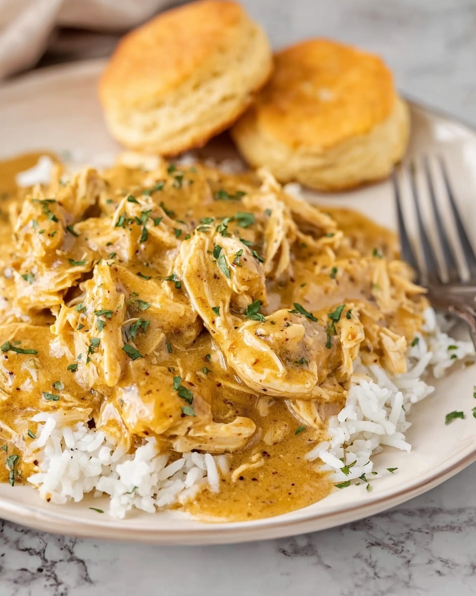 This image shows a white plate on a white marbled surface, filled with a dish of shredded chicken covered in a thick yellow-brown gravy with visible specks of ground spices. The chicken lays on top of a bed of white rice, and chopped green herbs are sprinkled evenly on the chicken for garnish. In the background, there are two golden brown biscuits placed side by side. To the right side of the plate, a metal fork is partly visible. Photo taken with an iphone --ar 4:5 --v 7